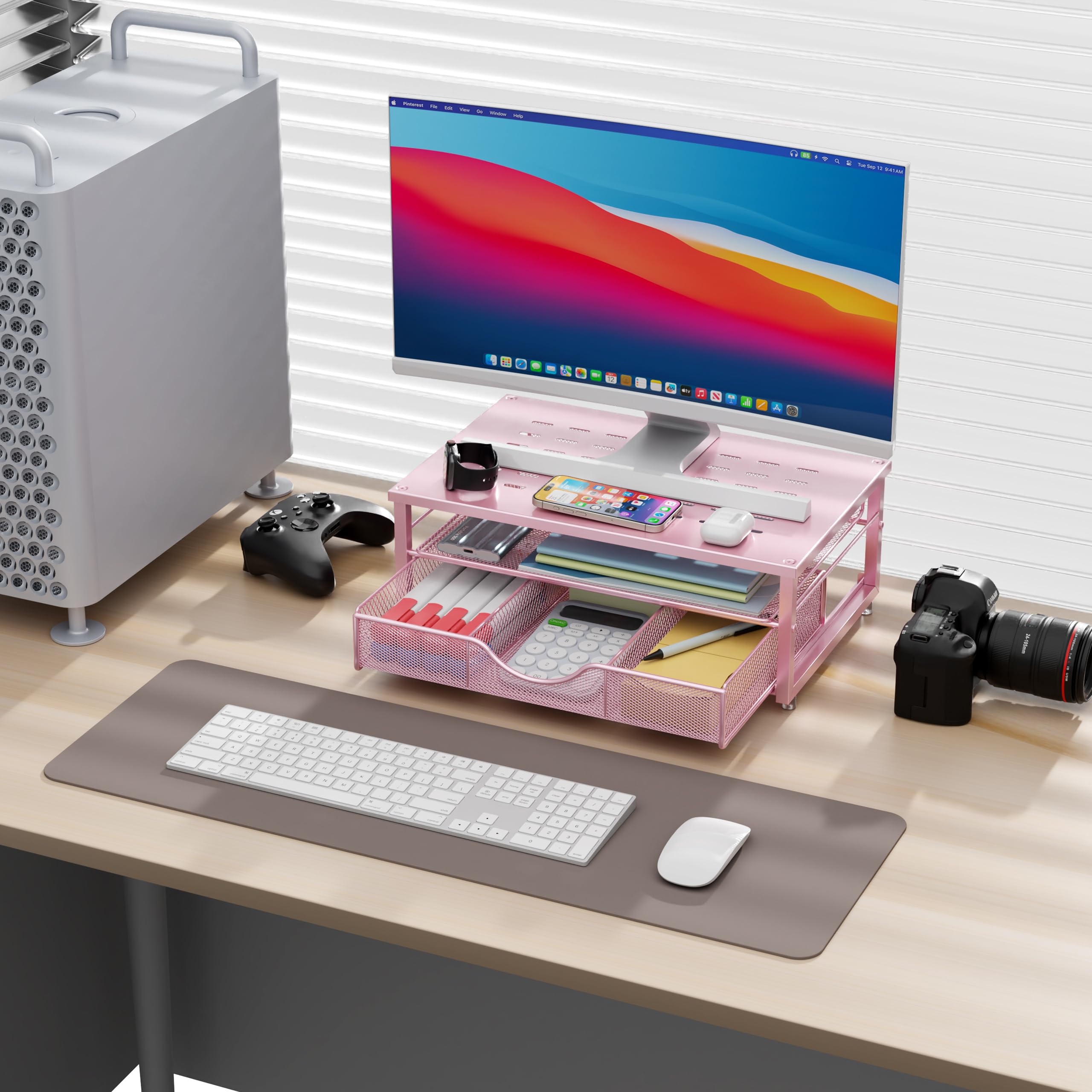 Support pour écran d'ordinateur, organiseur de bureau et accessoires avec tiroir, accessoires de bureau et espace de travail pour imprimante (rose)