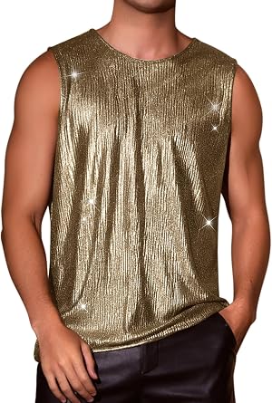 Lars Amadeus Metallic Tank Top for Mens Holographic Disco Party Shiny Sleeveless Shirts