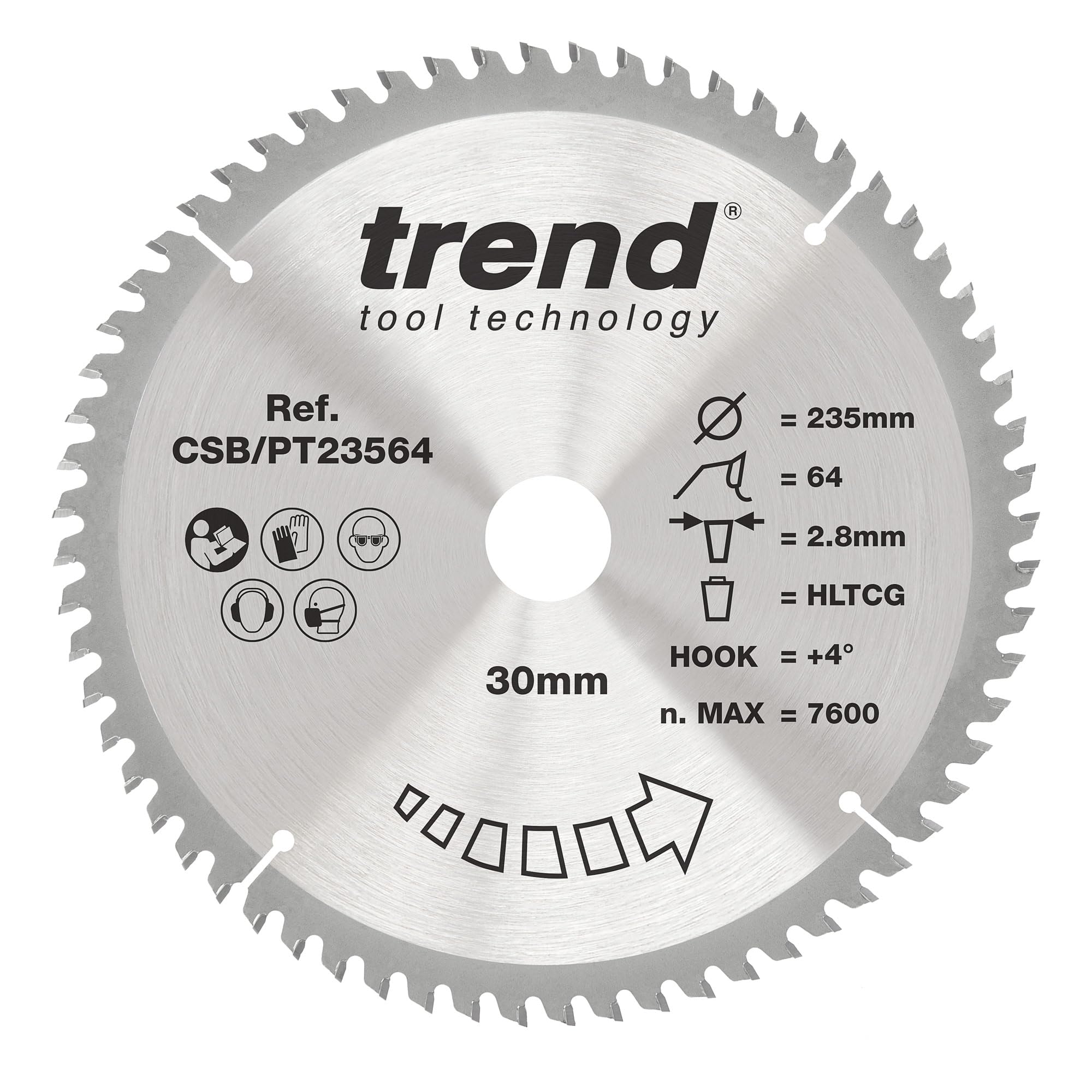 Trend Laminate & HPL Circular Saw Blade, 235mm Diameter, 30mm Bore, 64 Teeth, 2.8mm Kerf, +4° Hook, TCT, SuperFine Finish, CSB/PT23564