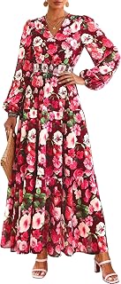 Long Sleeve Maxi Fall Dresses for Women 2025 Vneck Smocked Boho Floral Tiered Swing Flowy Wedding Guest Dress