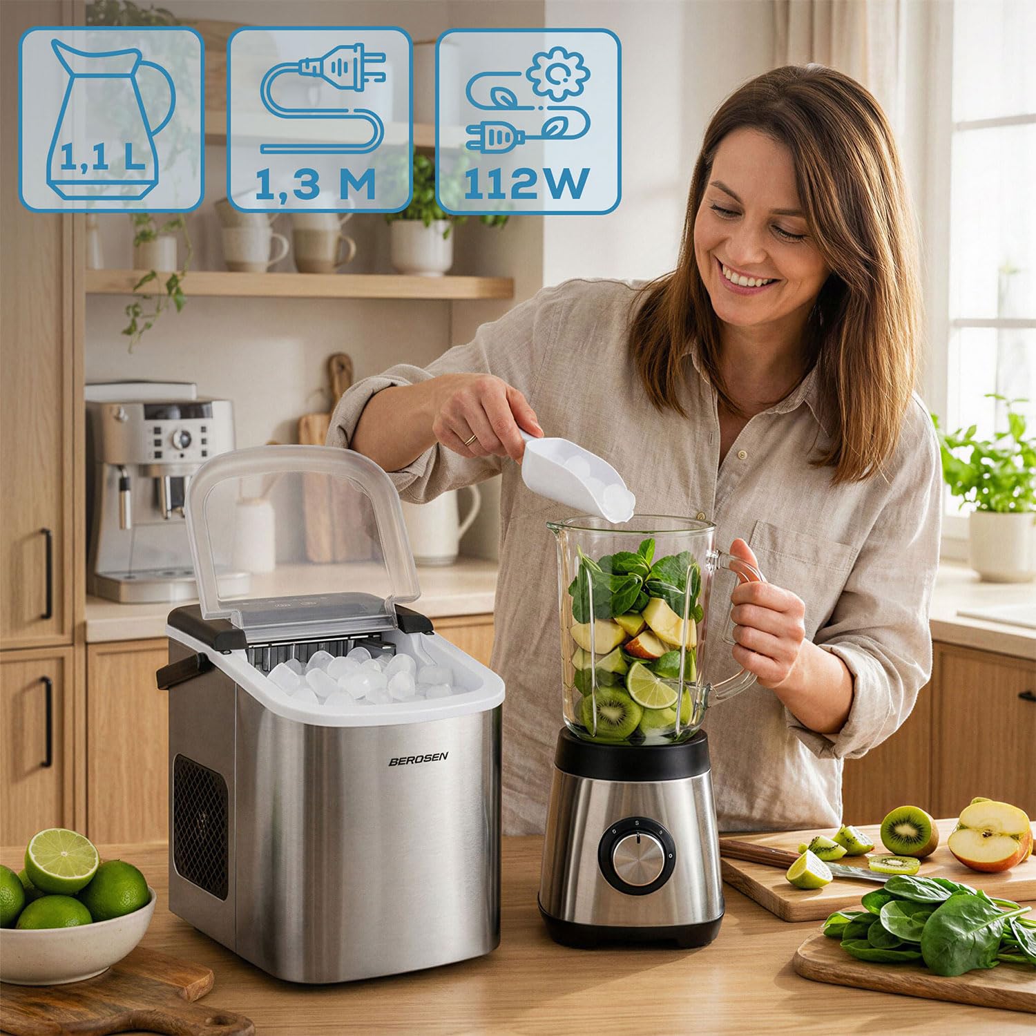 Berdsen Máquina de cubitos de hielo 12 kg/24 h – 9 cubitos de hielo en 6 – 8 minutos – Máquina para cubitos de hielo con 2 tamaños S y L – Compacta para cócteles, bebidas y bebidas – autolimpiante