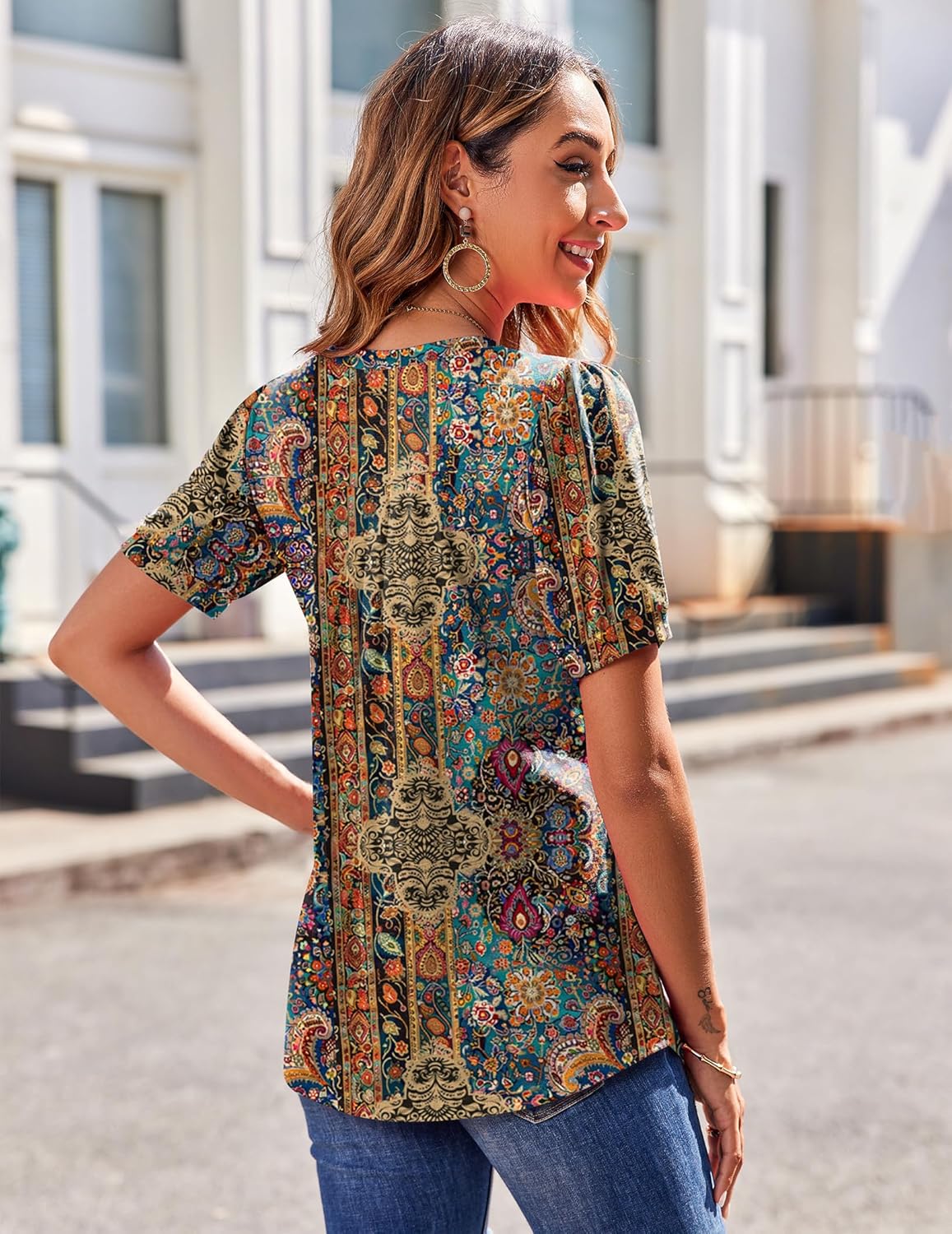 Zeagoo Women's Puff Short Sleeve Boho Shirts Casual V Neck Floral Solid Summer Blouse Pleated Tunic Top - Image 4