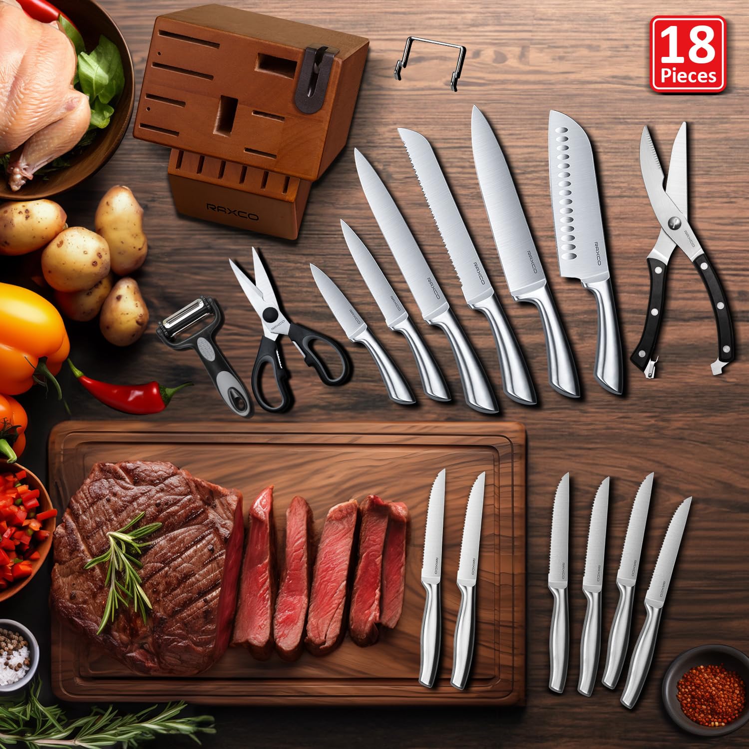 RAXCO Messerblock Set, 18-teiliges Edelstahl Küchenmesser Set - Steakmesser Set, Professionelle Küchenmesser Sets mit Block und Schärfer