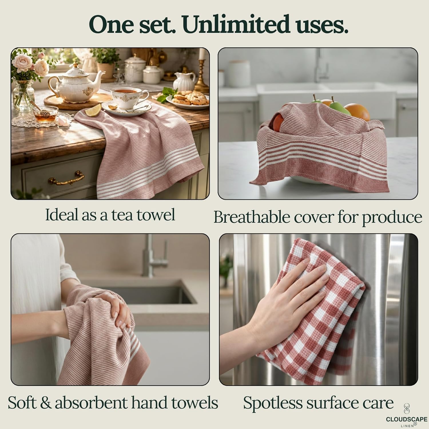 CLOUDSCAPE Kitchen Towels, Set of 6, Premium Cotton Dish Towels for Kitchen, 18" x 28" Oversized Hand Towel, Quick Absorbent & Drying Tea Towel with Hanging Loop -Rust
