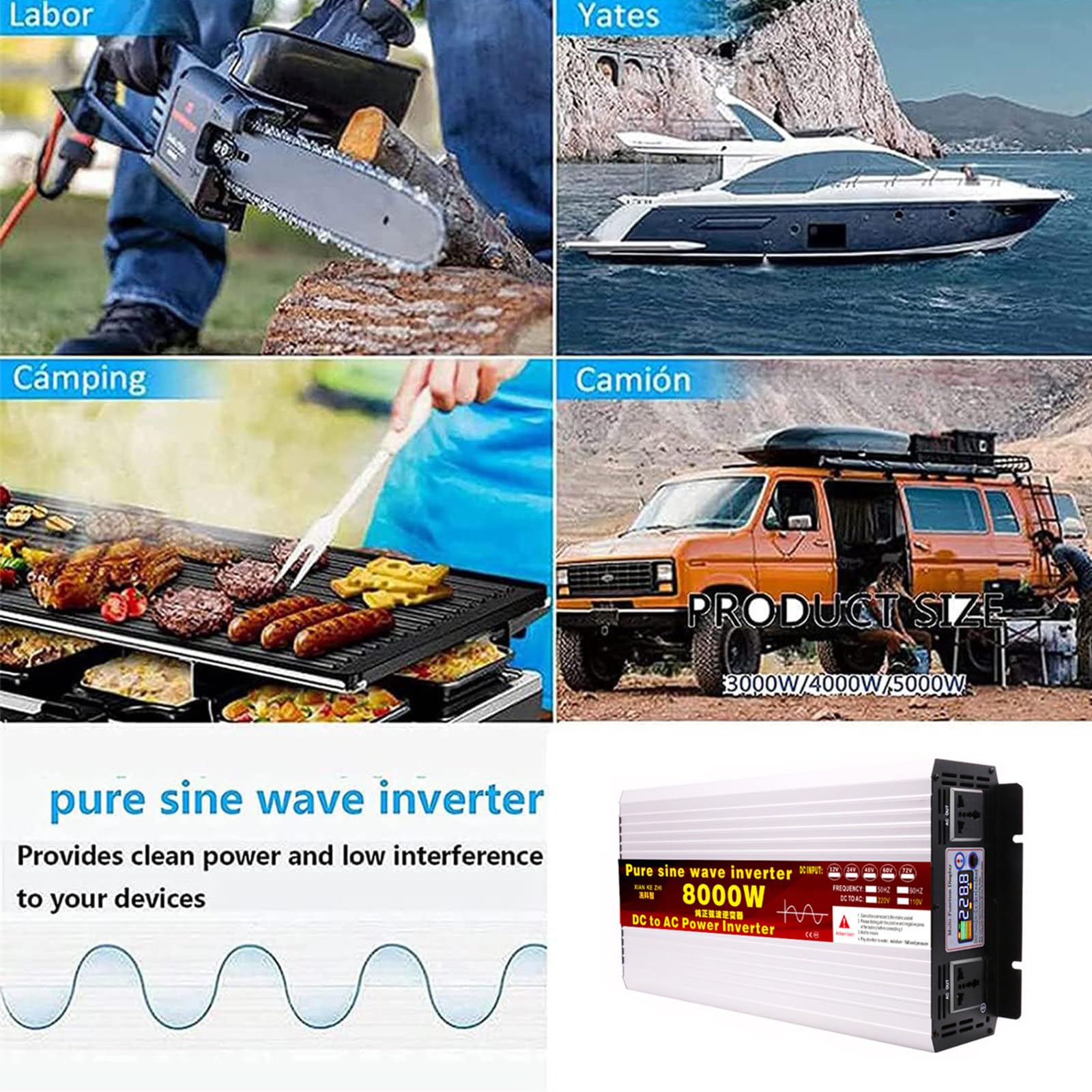 5500w 6000w 8000w 12000w czysta fala sinusoidalna Power Inverter12v-72v do 110v, z 2 gniazdami ac porty USB, wyświetlacz LCD, pilot do samochodu Rv Truck Home,8000W-24Vto220V