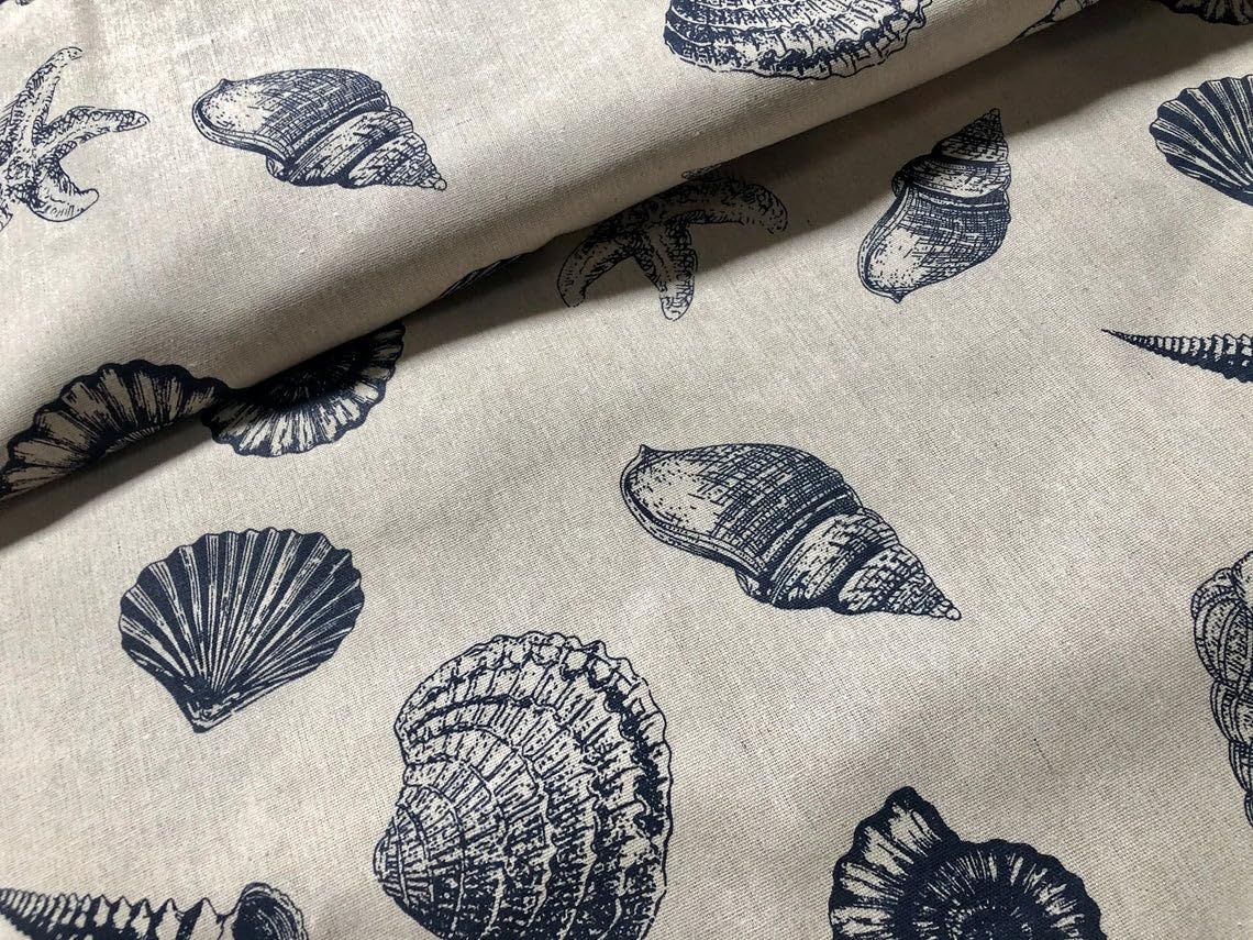 Ocean Beach Shell Star Cotton Linen Nautical Fabric Natural Dark Blue Marine Hessian Jute Sea Material Home Decor - Image 3