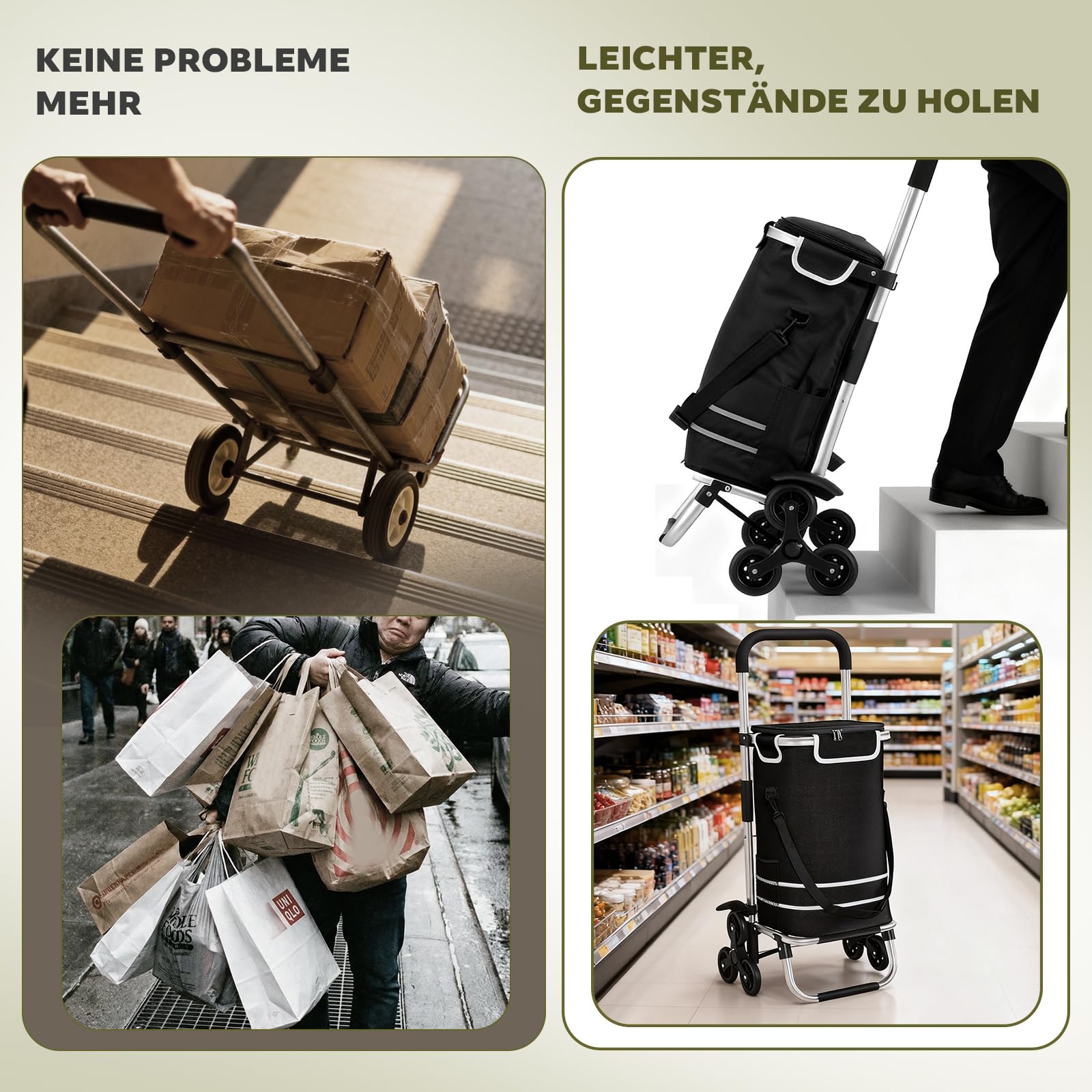 Treppensteiger Einkaufstrolley, 56L Faltbar, Wasserdicht, mit Kühlfach, Universalräder, 40kg Belastbarkeit, Schwarz