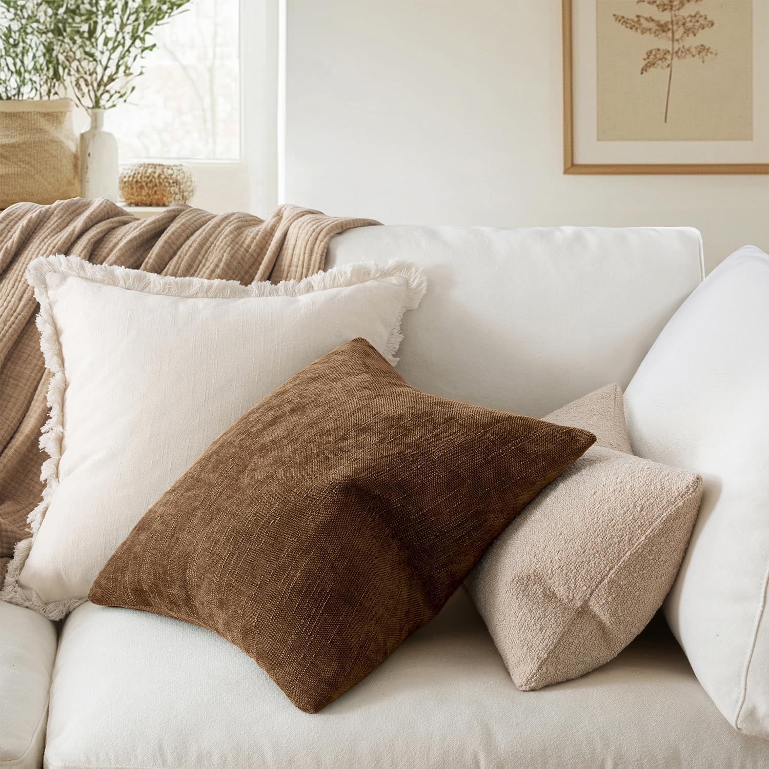 MIULEE Pack of 2 Decorative Throw Pillow Covers Soft Chenille Throw Pillows Solid Neutral Farmhouse Textured Cushion Covers for Couch Sofa Bedroom Living Room 22x22 Inch,Honey Brown