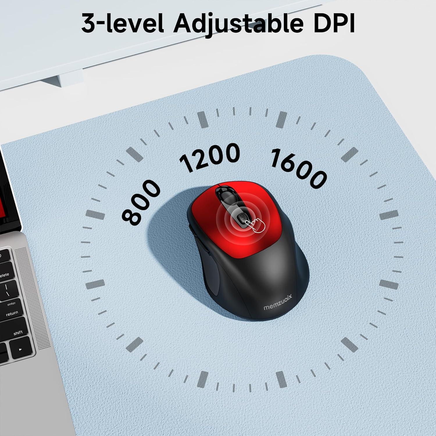 Illustration of the memzuoix wireless mouse on a mousepad, with concentric circles indicating 800, 1200, and 1600 DPI settings around it.