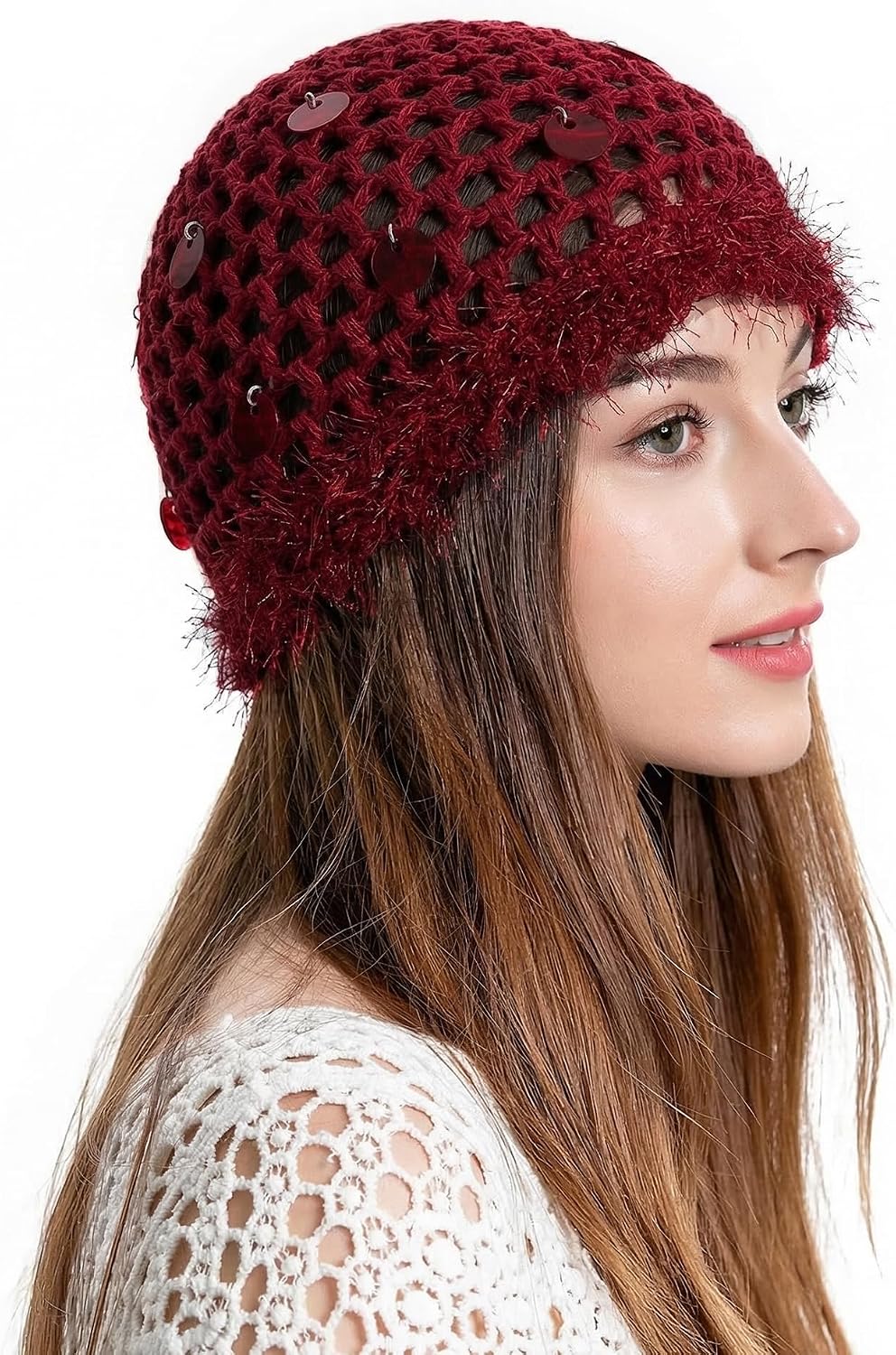 ZLYC Women Cotton Crochet Skull Cap Handmade Knit Cutout Floral Beanie Hat