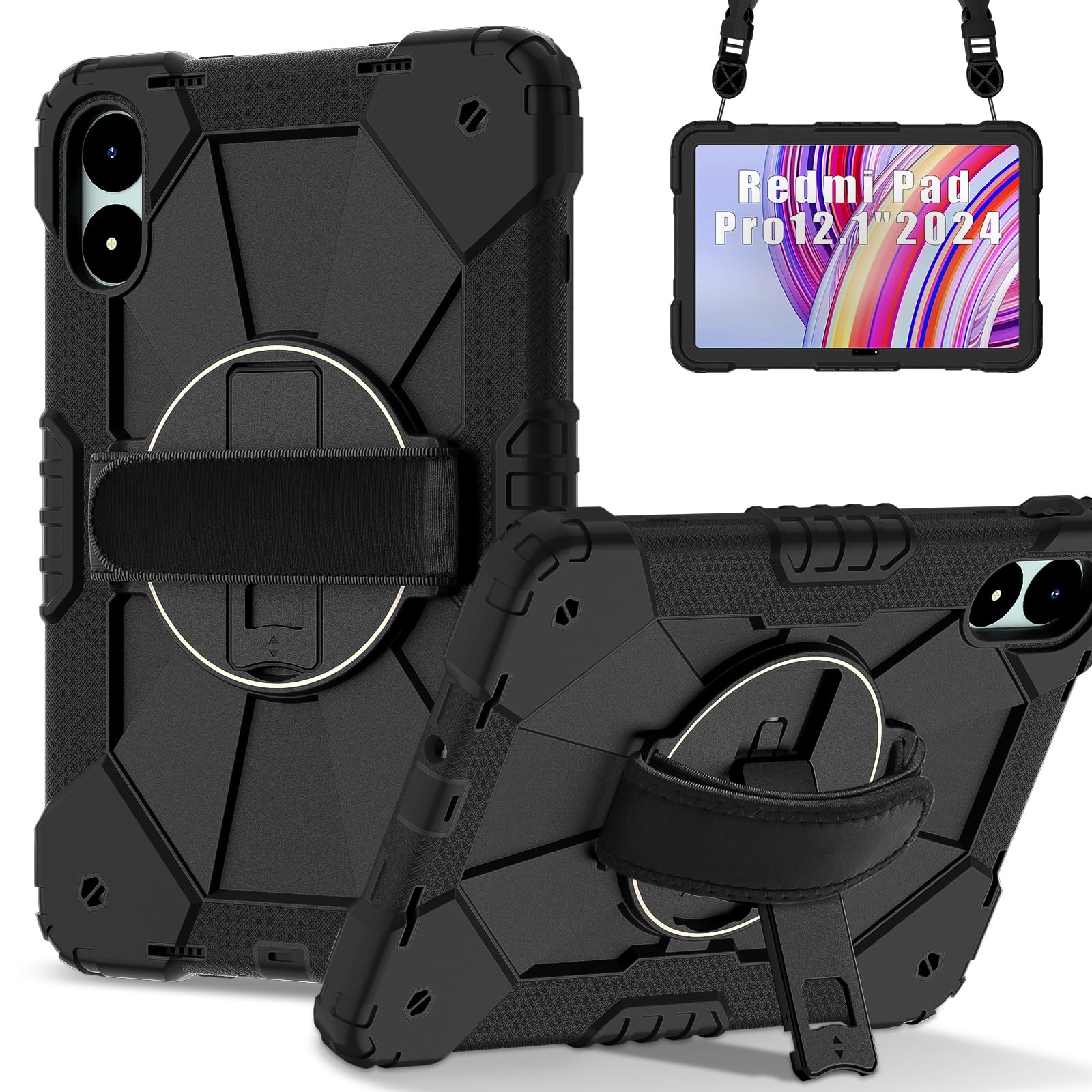 Kompatybilny z Xiaomi Poco Pad 12.1 2024/Redmi Pro Etui dla dzieci odporne na wstrząsy, [podpórka] [pasek ramię] Obrotowy o 360 stopni pasek rękę Uchwyt stojaka Wytrzymała, solidna obudowa(Noir)