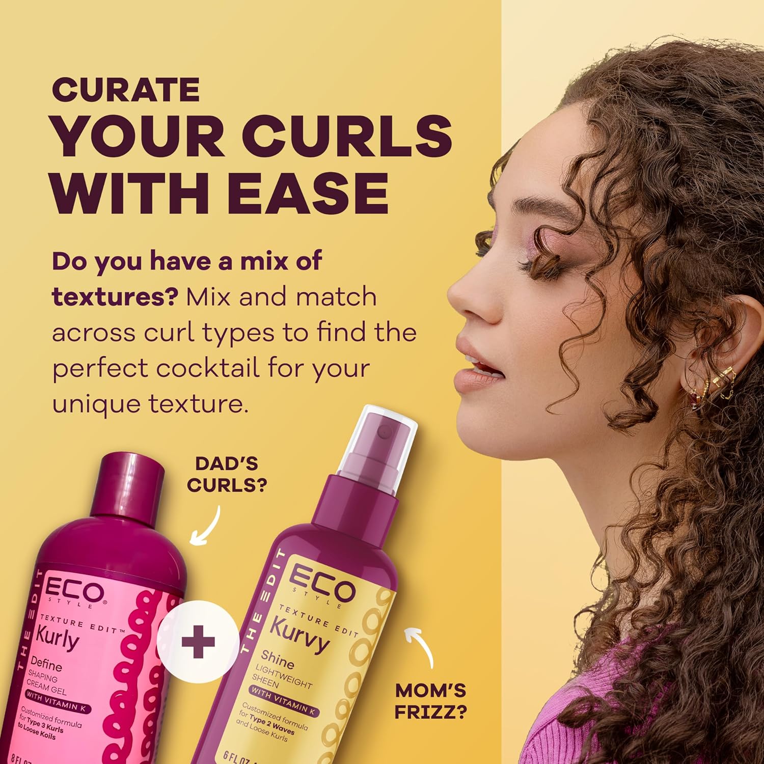 Eco Style, Texture Edit, Kurvy Shine Lightweight Sheen for Type 2a to 2c wavy hair - Finish off any style by adding rich nutrients for a perfectly glorious glow with frizz control. 6 oz.