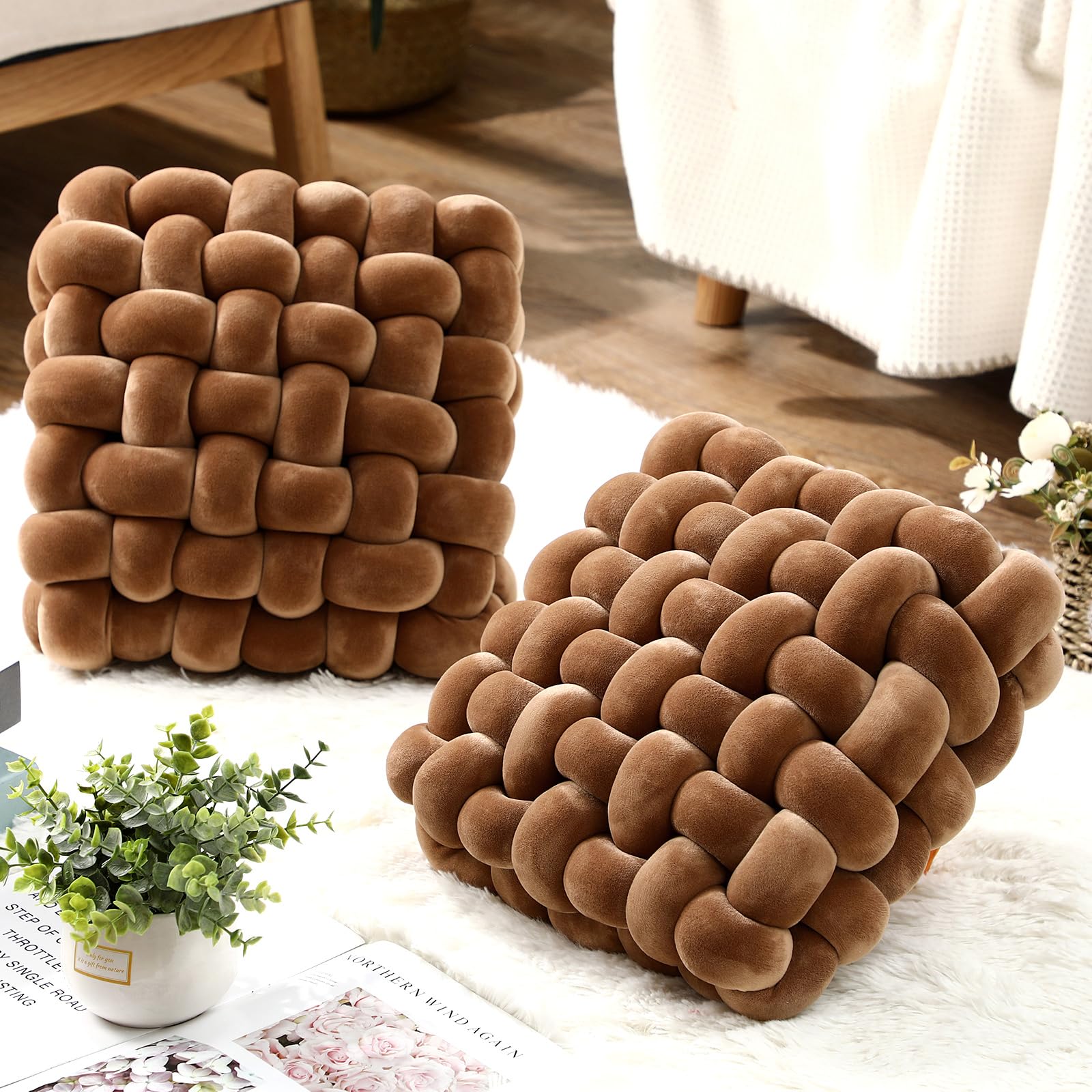 Wenqik Knotenkissen, weiches Dekokissen, Heimdekoration, quadratisch, Büro, geknotet, Plüschkissen für Wohnzimmer, Schlafzimmer, Sofa, Couch, Wohnzimmer, Dekoration, 30,5 x 33 cm (Braun), 2 Stück