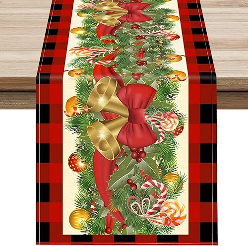 Softalker Camino de mesa de lino navideño a cuadros – Campana de búfalo rojo para decoración de mesa de invierno de Navidad para comedor, fiestas,