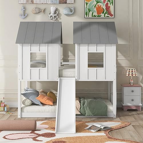 Miniatura 53 de Merax Cama de madera de tamaño completo con ventana y valla, marco de cama matrimonial para adolescentes, niños y niñas, gris