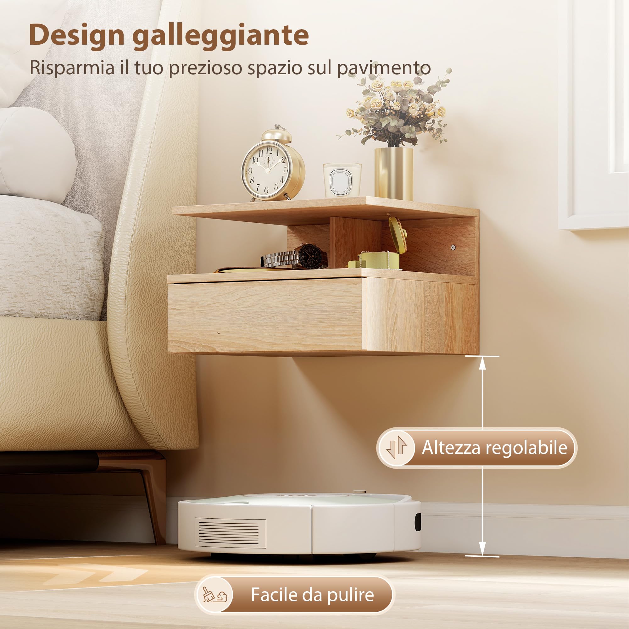 HOMCOM Set da 2 Comodini Sospesi Salvaspazio 35x32x22.5cm Rovere