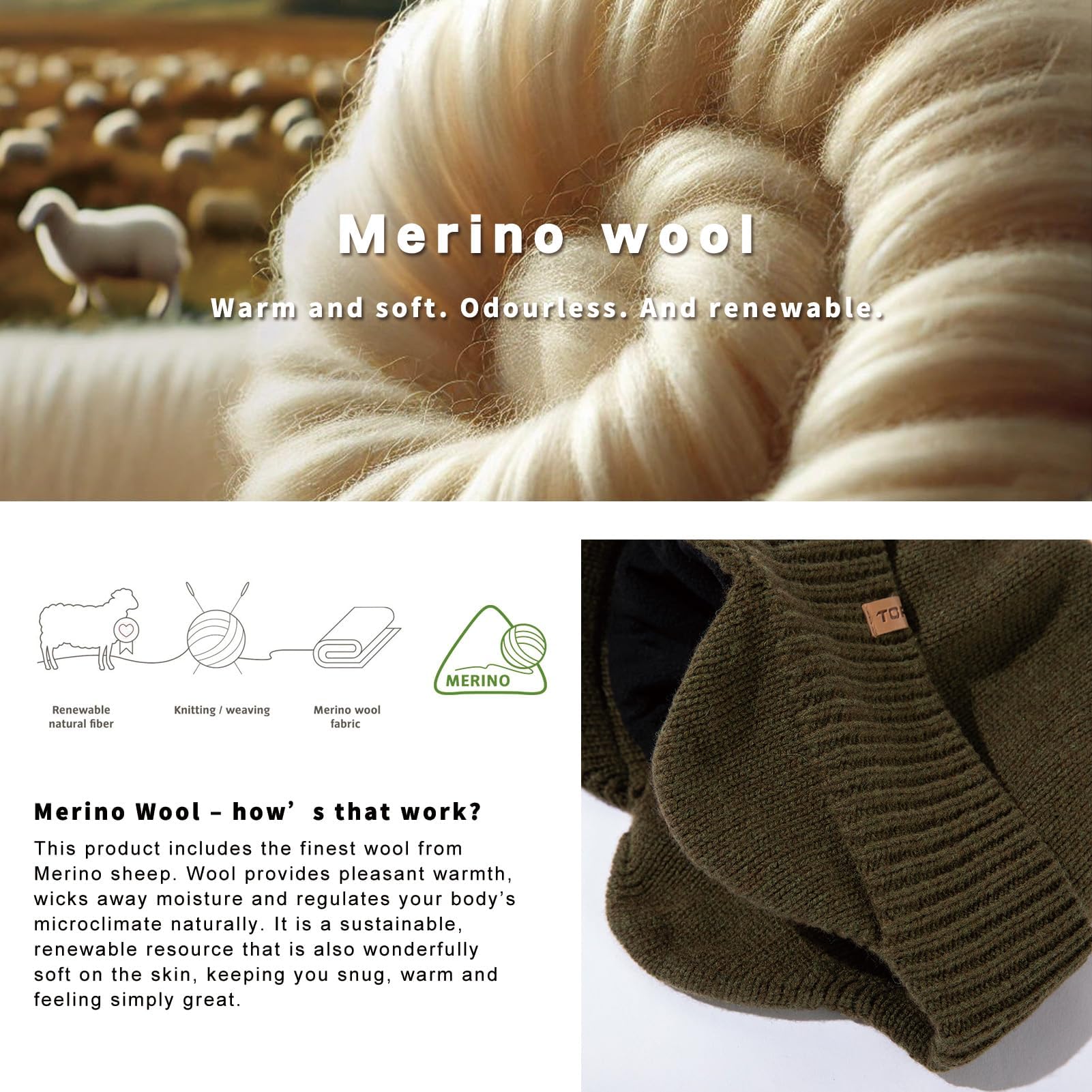 TOP-EX DryKnit - Gorro impermeable de 80 % lana merino, con orejeras, forro polar cálido para invierno, para clima frío, estilo unisex, 55-66 cm, Verde #impermeable, M-L