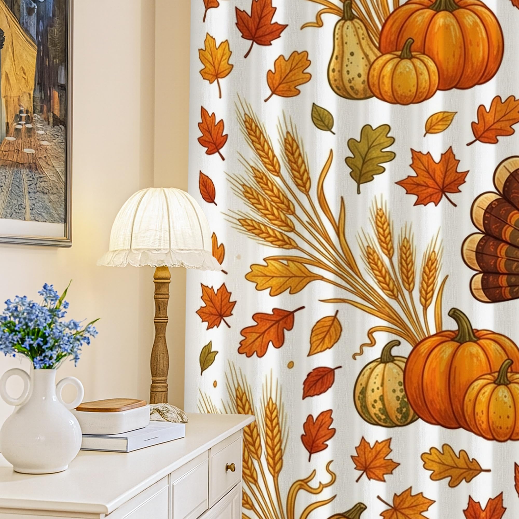 Rideaux occultants à isolation thermique orange 132x213 cm motif feuilles de citrouilles