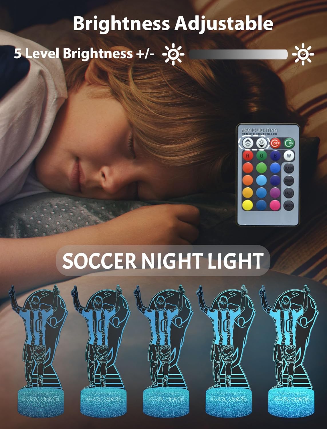 Soccer Player #10 3D Illsuion Lamp for Boys, 16 Colors Changing Dimmable with Remote Room Footballer Decor Light, Soccer Gifts for Kids Teens Men Birthday Christmas - Image 4
