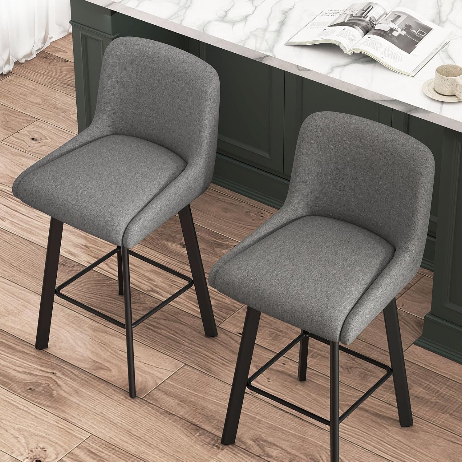 SAECKBERG Swivel Counter Height Bar Stools Set of 3, 26''H Upholstered Barstools with Backs, Modern Bar Stool Chairs for Kitchen Island, Metal Legs, Fabric, Gray Stools Counter Chair