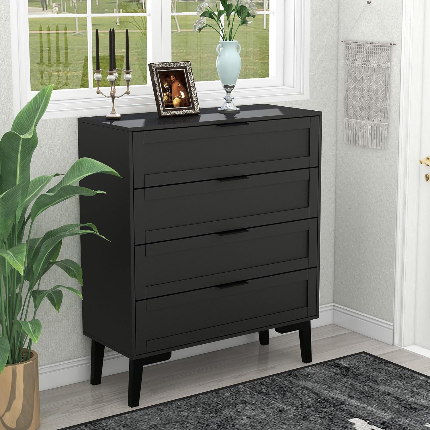 Dresser for Bedroom, Storage Organizer with 4 Drawers, Chest of Drawers,Sturdy Metal Frame, Wood Tabletop for Guest Room, Closet, Entryway, Black