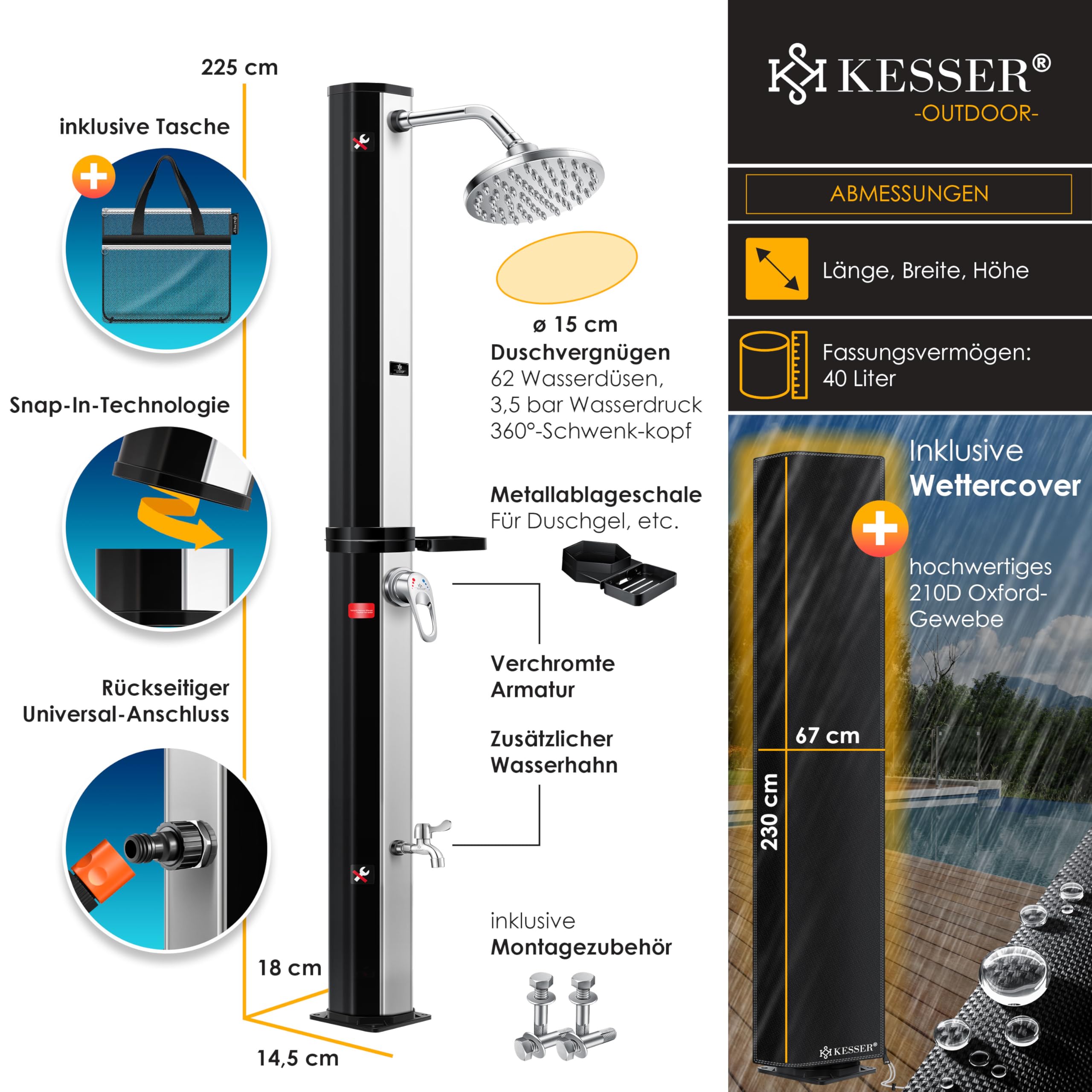 Kesser® Douche solaire de jardin 40 litres avec support de douche en métal et housse de protection | eau chaude | max. 60°C | Douche de piscine et de camping | Tête de douche à effet de pluie et