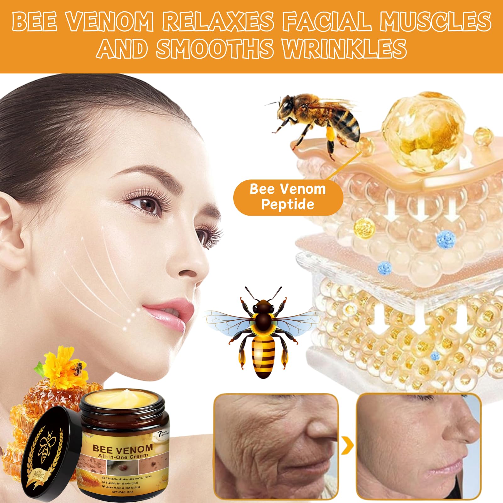 Bee Venom All-in-One Cream, 2pcs 60g Bee Venom Cream UK, Multi-Action Natural Skin Repair Creams, Mole Removal Creams - Image 4