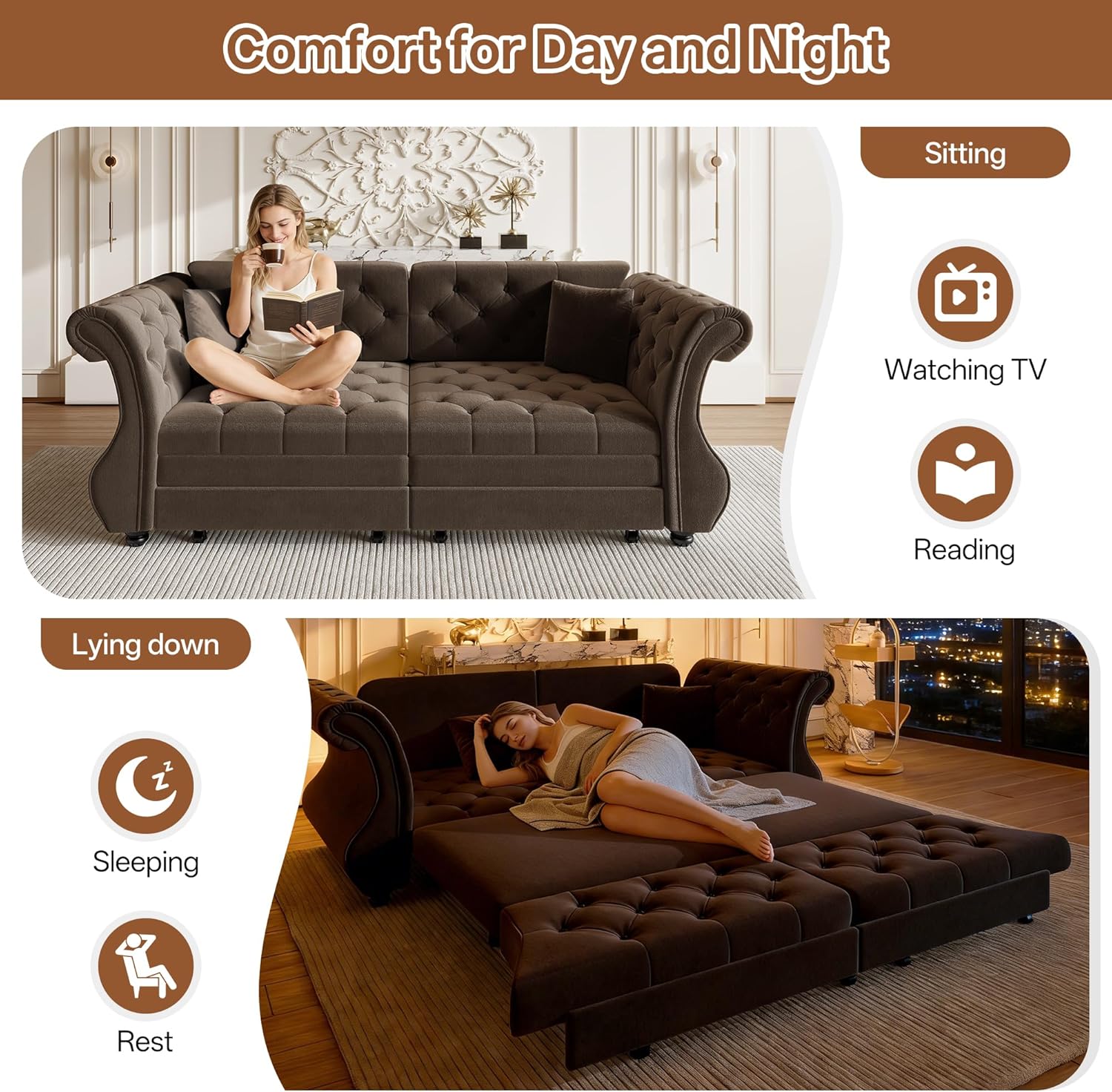 83.8'' Queen Size Pull Out Sofa Bed, Velvet 3-in-1 Convertible Sleeper Sofa Bed, Chesterfield Rolled Arm, Flower Tufted, Oversized Deep Seat Loveseat Sofa for Living Room, Apartment, Brown | Breathable material