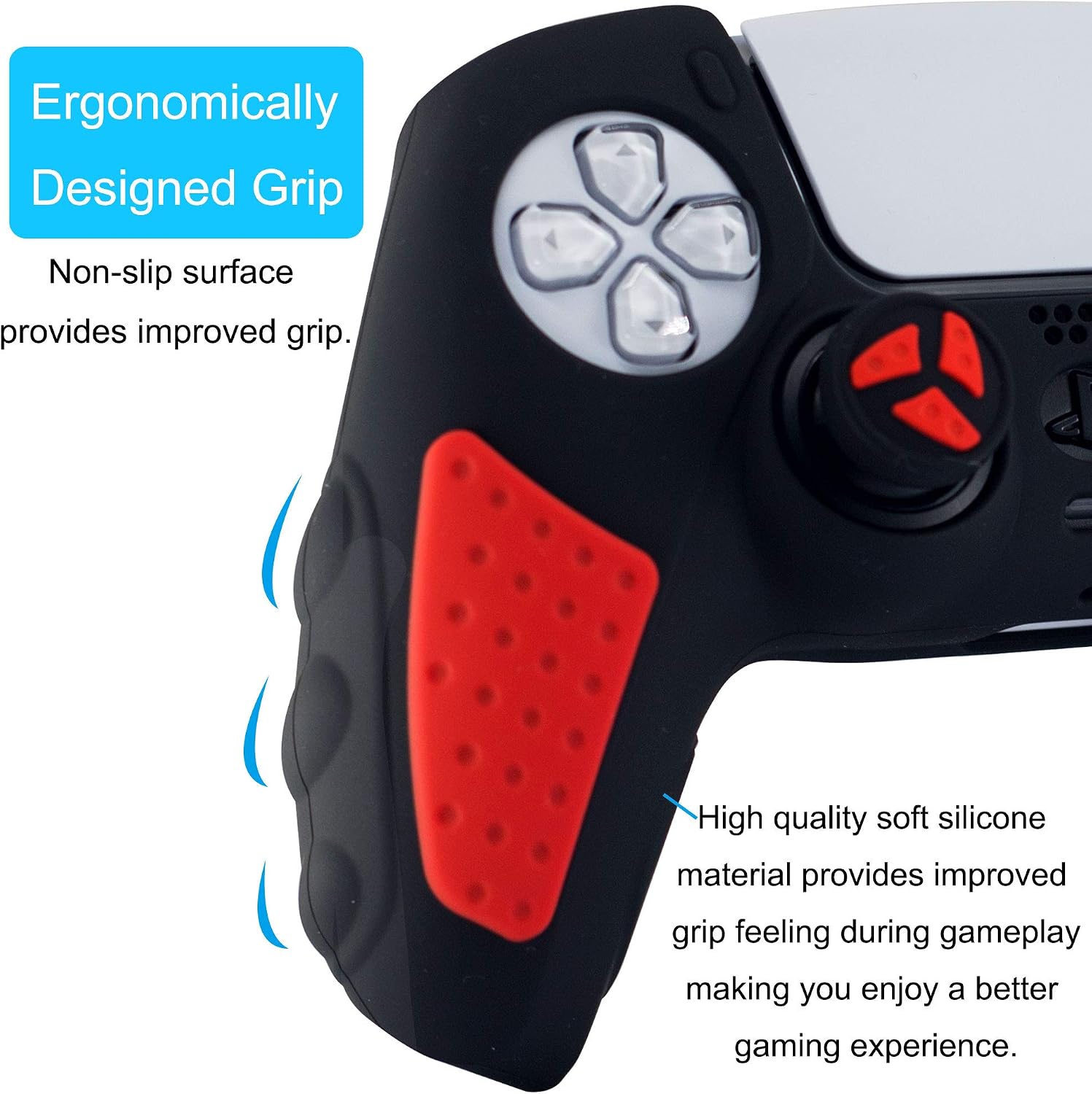 BRHE PS5 Controller Skin Anti-Slip Silicone Grip Cover Protector Rubber Case Accessories Set for Playstation 5 Gamepad Joystick with 2 Thumb Grip Caps (Red Black)