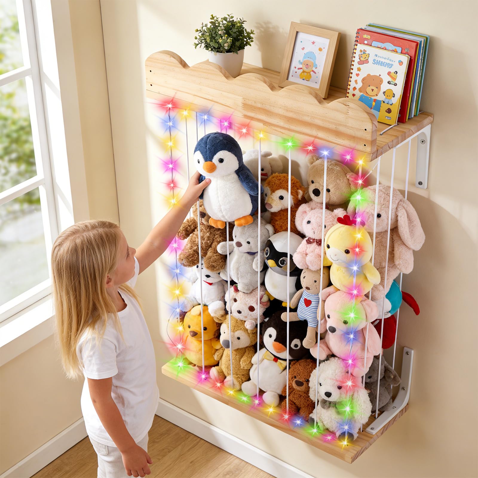 Rangement Peluche de Enfant, Mural Suspendu Range Peluche en Bois Gain de Place, 183 * 43 * 20CM Rangement Jouet Enfant pour Salle de Jeux, Chambre d'enfant, Chambre à Coucher,Hauteur Ajustable