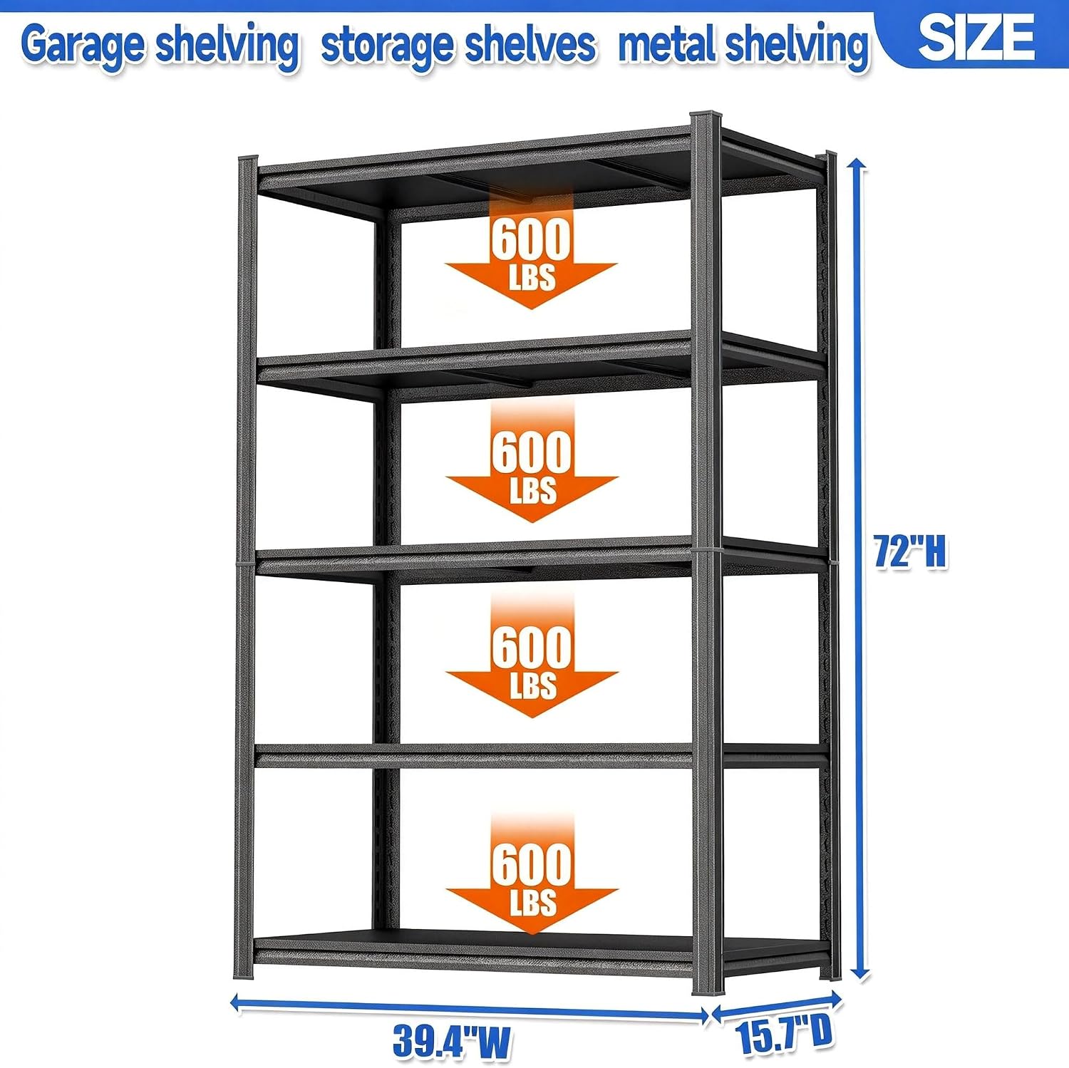 72"H Storage Shelves Heavy Duty Garage Shelving 3000LBS Adjustable Metal Shelving 5 Tier Shelving Unit Storage Rack and Shelving for Basement, Warehouse, Pantry, Closet, Kitchen 39.4"W × 15.7"D × 72"H