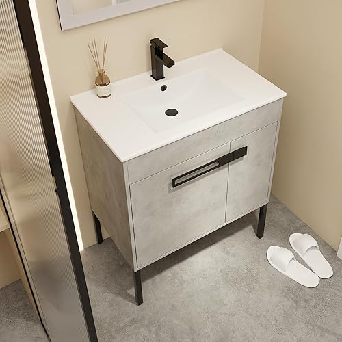 Miniatura 8 de Goujxcy Lavabo de baño independiente 2 en 1 o montado en la pared, fregadero flotante para baño, mueble de tocador de baño flotante y de pie en el