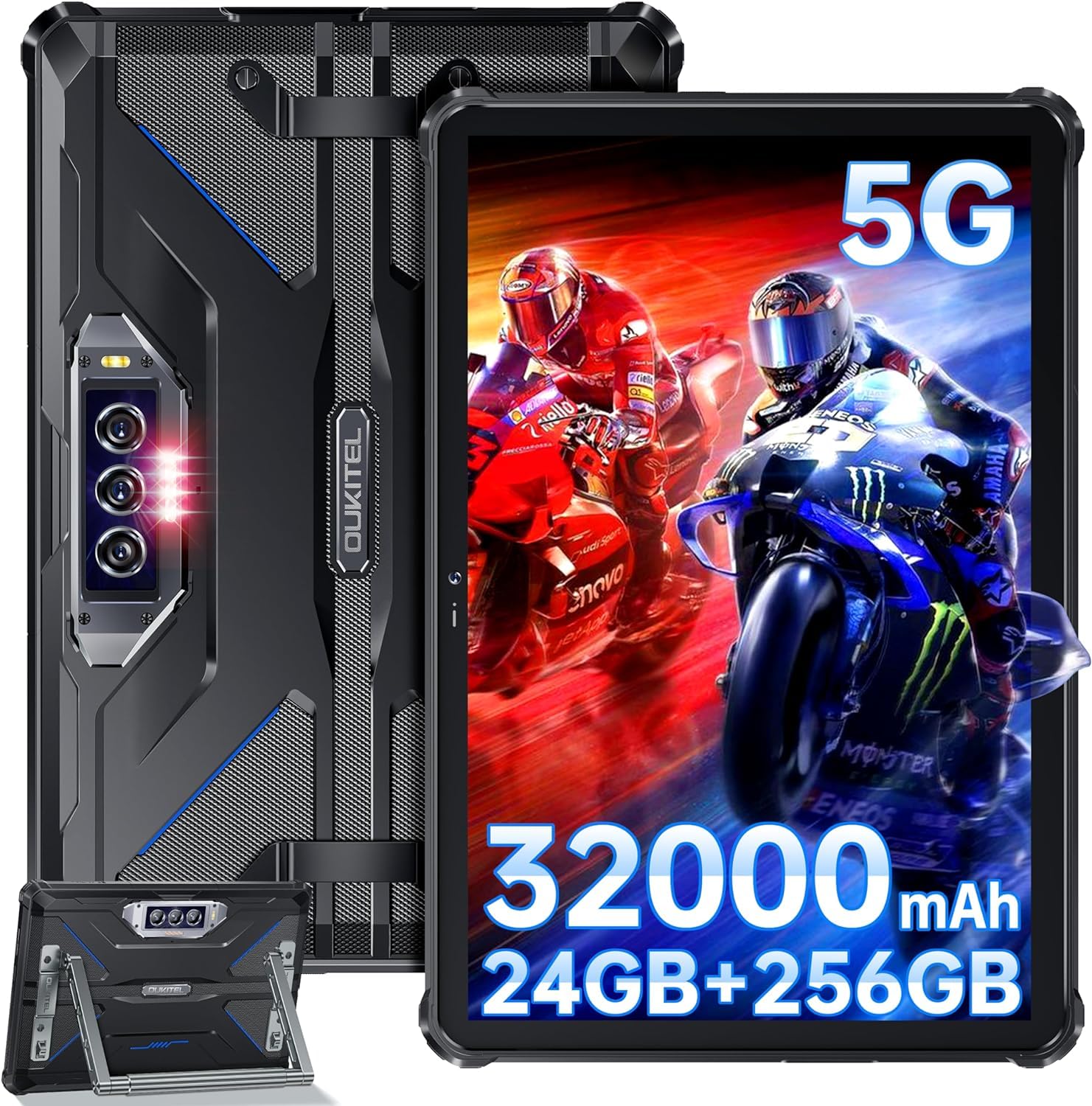 OBA Oukitel RT7 5G Tablet PC Rugged – akumulator 32000 mAh, 24 (12 + 12) GB + 256 GB, z systemem Android 13 MT6853, 48 MP + 32 MP, 10,1 cala FHD+, Dual 5G LTE/OTG/GPS/Face ID, czarny