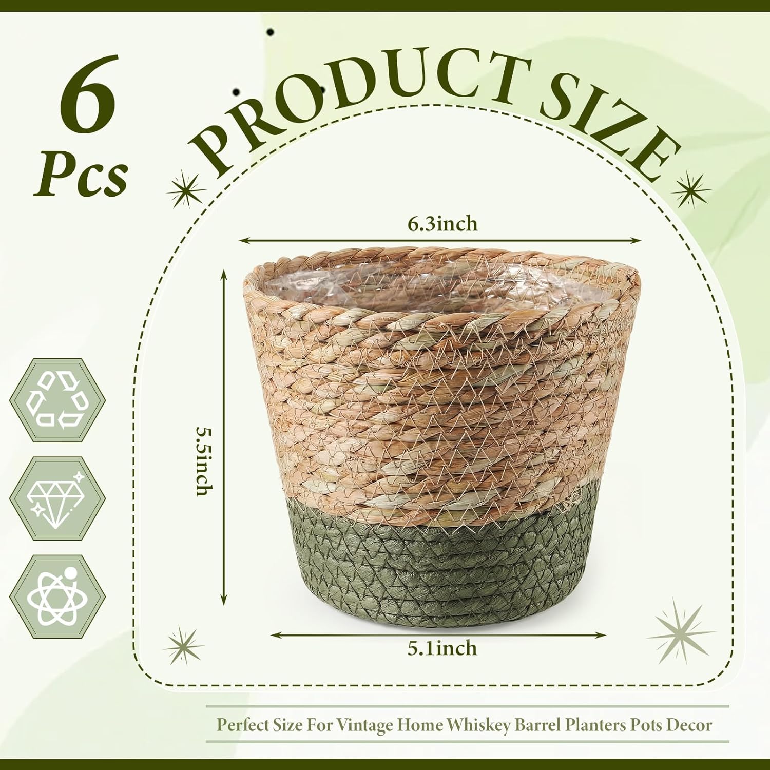 AceOrbit Seagrass Plant Basket with Plastic Liners Woven Stylish Planter Baskets Bulk Indoor Outdoor Plants Woven Wicker Baskets for Flower Pots Cover and Room Decor(Small,Farmhouse,6 Pcs)