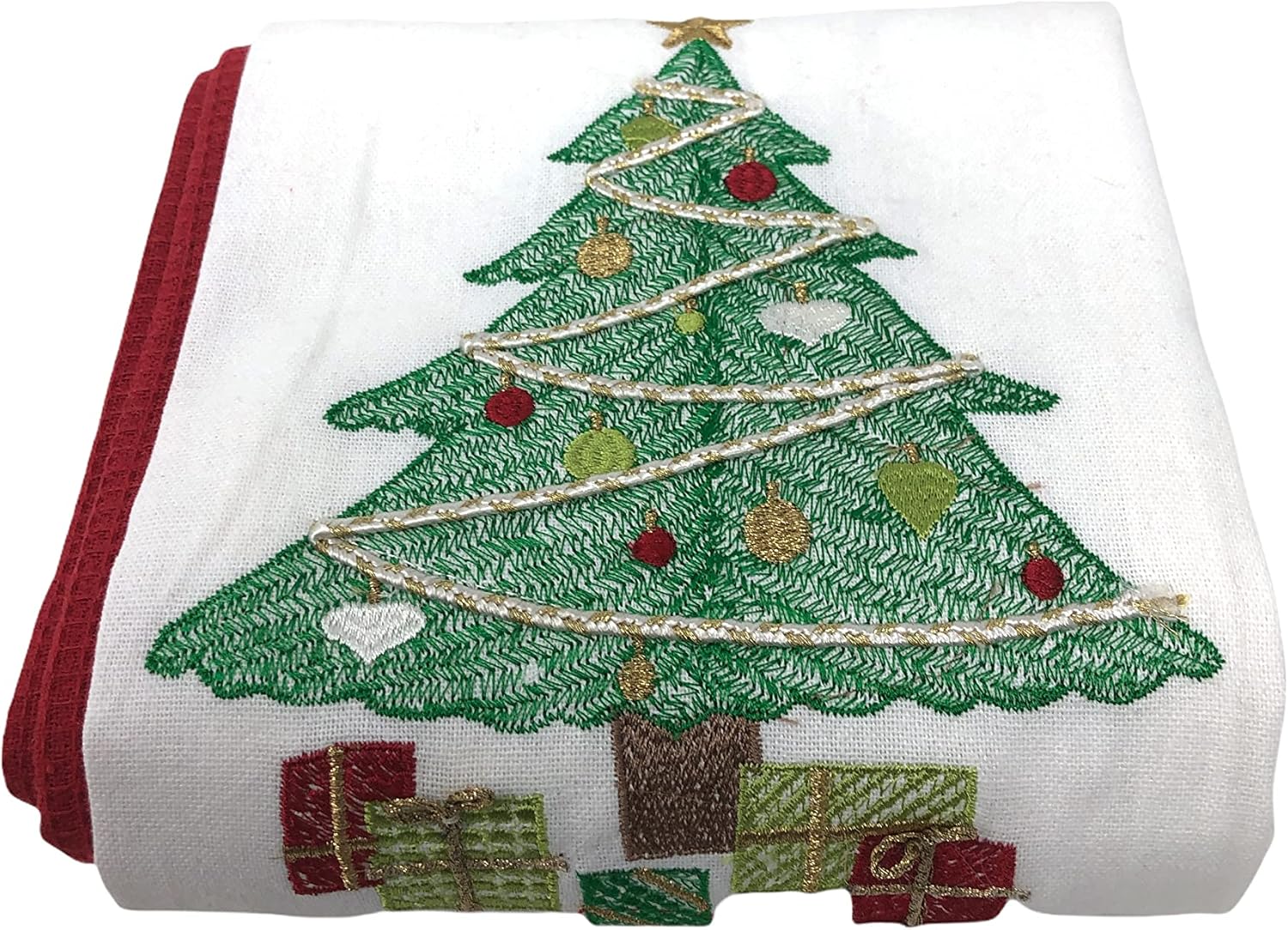 Colorful Embroidered Christmas Tree with Gifts Design 3-Piece 100% Cotton Coordinating Kitchen Tea Towel Set | 100% Cotton | 20X 28 inches