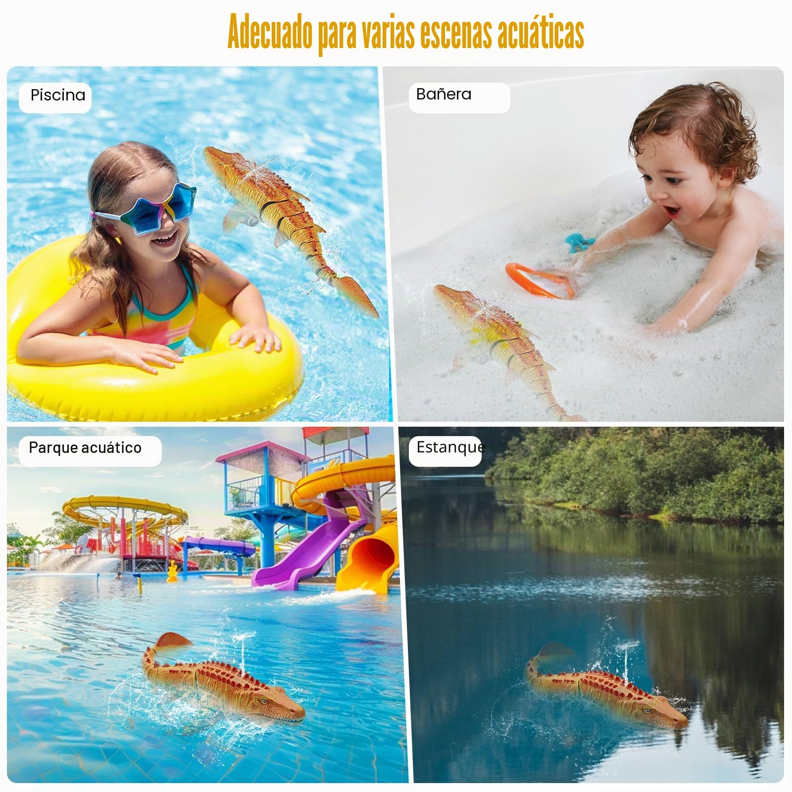 Teledirigido Mosasaurus RC Barco, 2,4 GHz Control Remote Tiburone Barco | Piscinas y Lagos Juguetes Eléctricos de Dinosaurios, Rociar Agua, 2 Baterías, Regalo para Niños y Niñas (Amarillo)