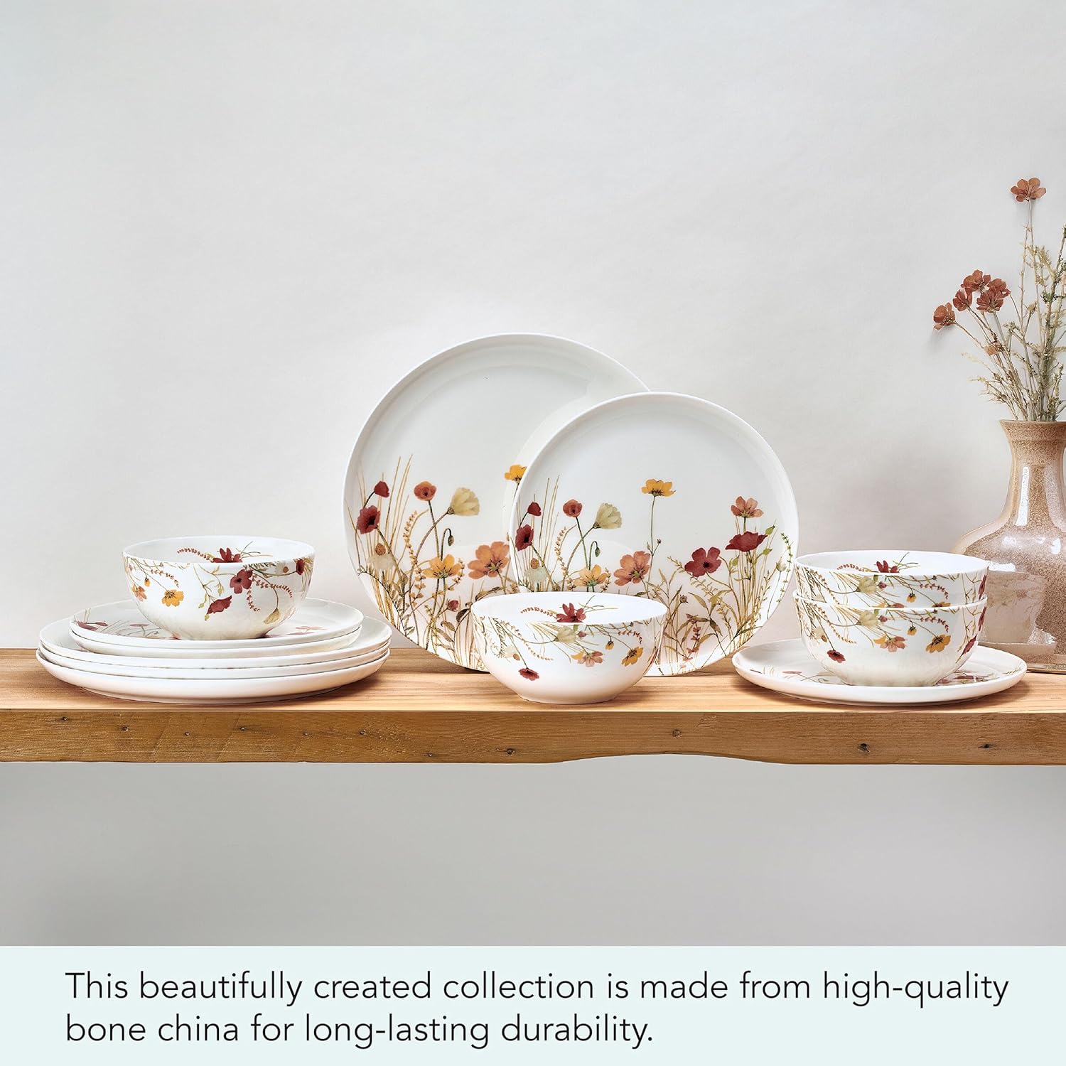 Mikasa Meadow Serenade 12 Piece Floral Bone China Durable Chip Resistant Lightweight Dinnerware Set, Service for 4