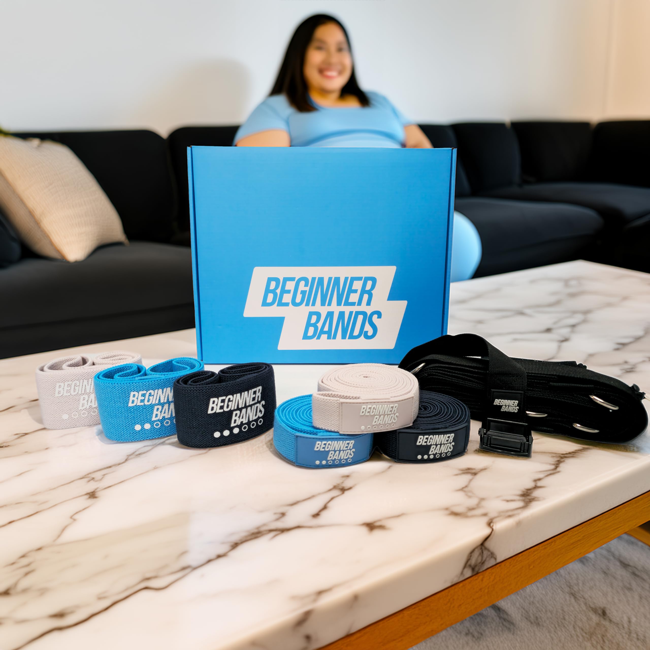 Beginner Bands 6er Set von Justin Agustin - Speziell für Anfänger entwickelt - Sanfte Übungsbänder für Senioren & eingeschränkte Mobilität - Weicher Stoff - Heim-Fitnessgeräte - Inkl. Tür-Kit & Tasche