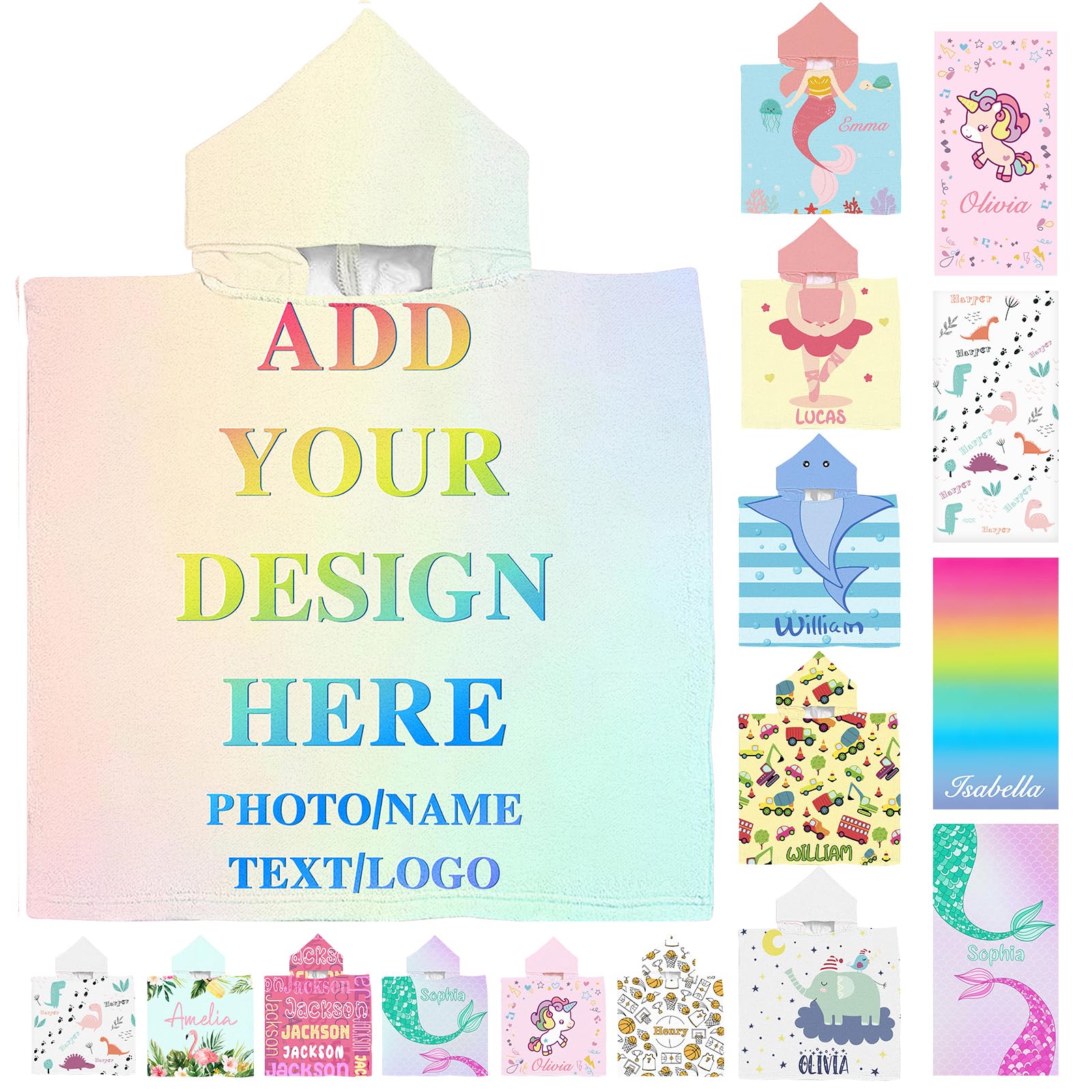 SIMIEEK Personalized Hooded Beach Towels for Kids with Name Picture, Microfiber Custom Toddler Towel Poncho with Hood for Girls Boys 1-6 Years