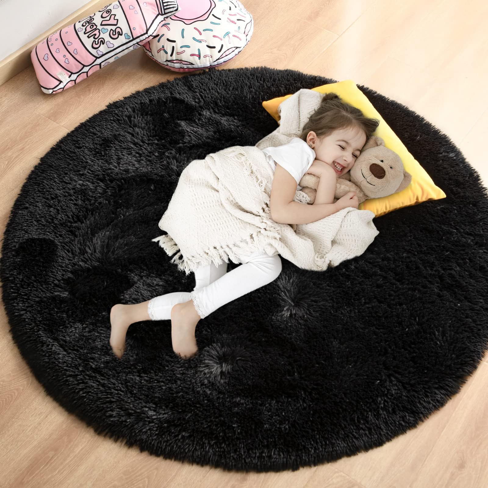 Black Round Rug for Girls Bedroom, Fluffy Circle Rug 5'X5' for Kids Room Decor, Shaggy Circular Rug for Baby Nursery Dorm, Upgrade Fuzzy Plush Rug for Living room, Cute Room Decor for Teen Baby