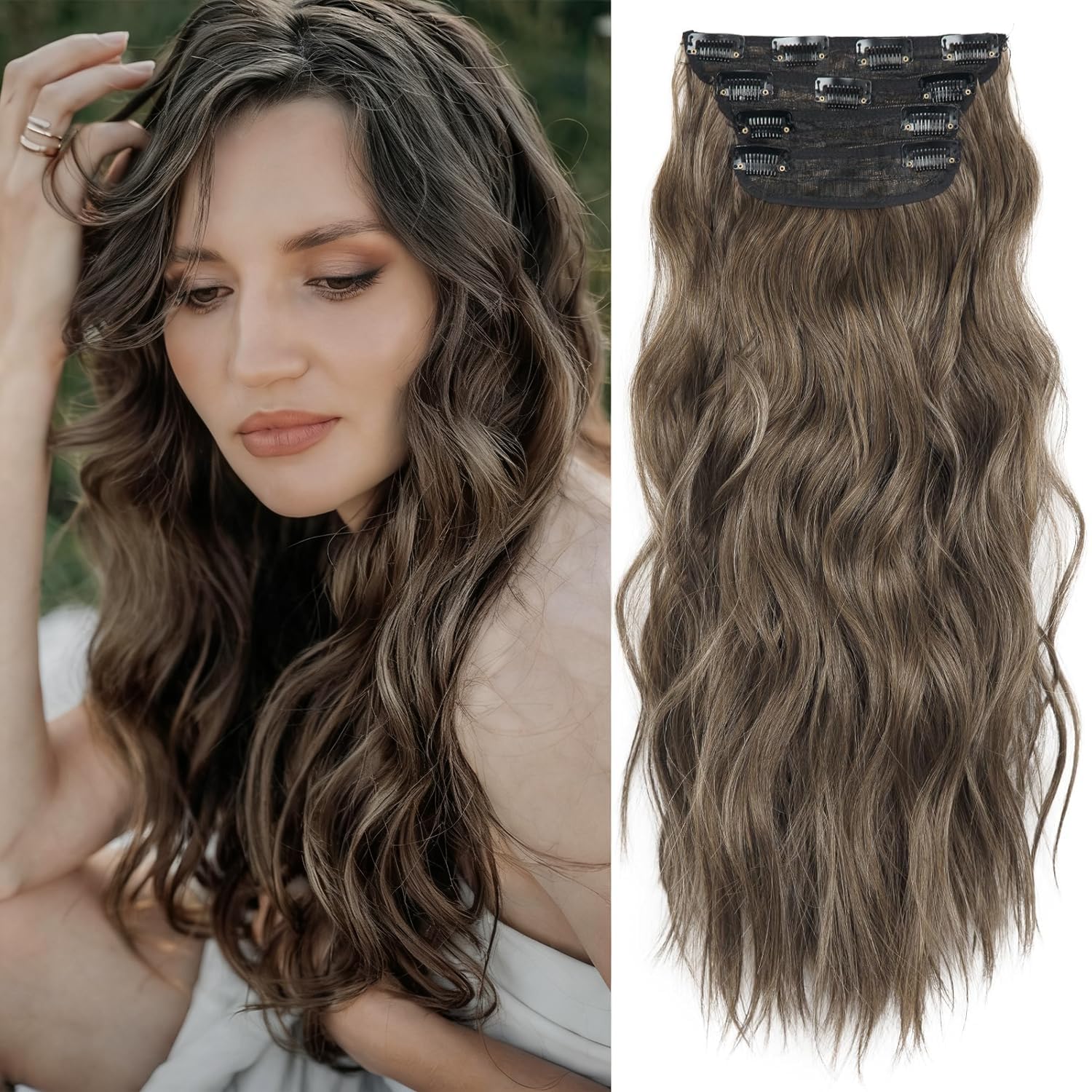 20 inch Synthetic Hair Extensions Long Wavy Double Weft Hair Extensions for Women(Medium Brown Mixed Ash Grey)