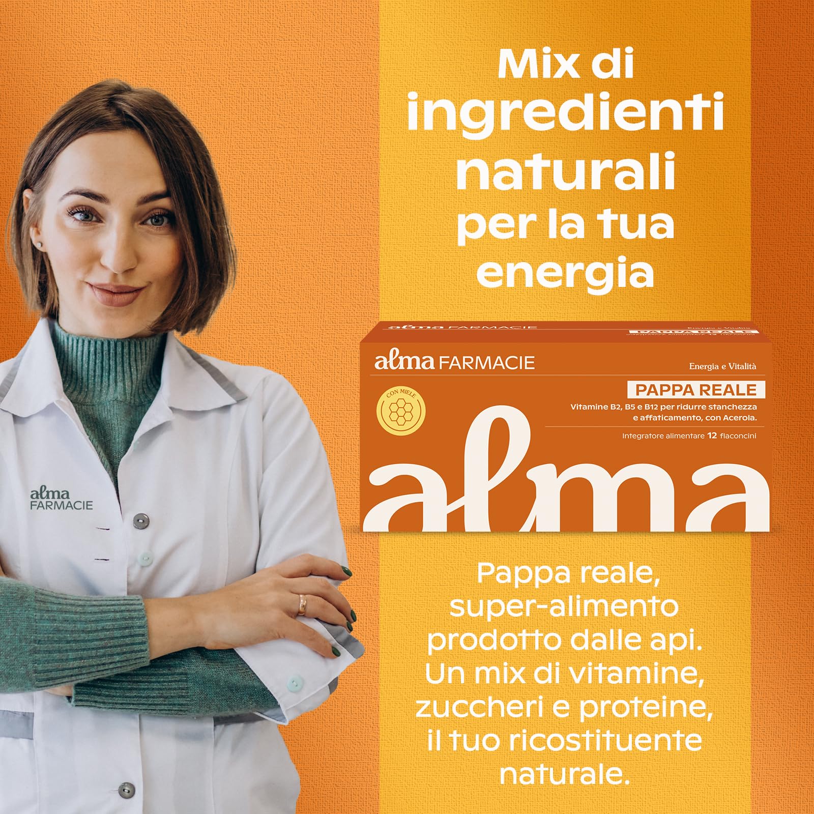 Pappa Reale Alma Farmacie, Integratore Ricostituente per ridurre Stanchezza, sopporto al Sistema Immunitario; con Vitamine B2, B5, B12, D e Acerola, Senza Glutine e Lattosio, 12 Flaconcini