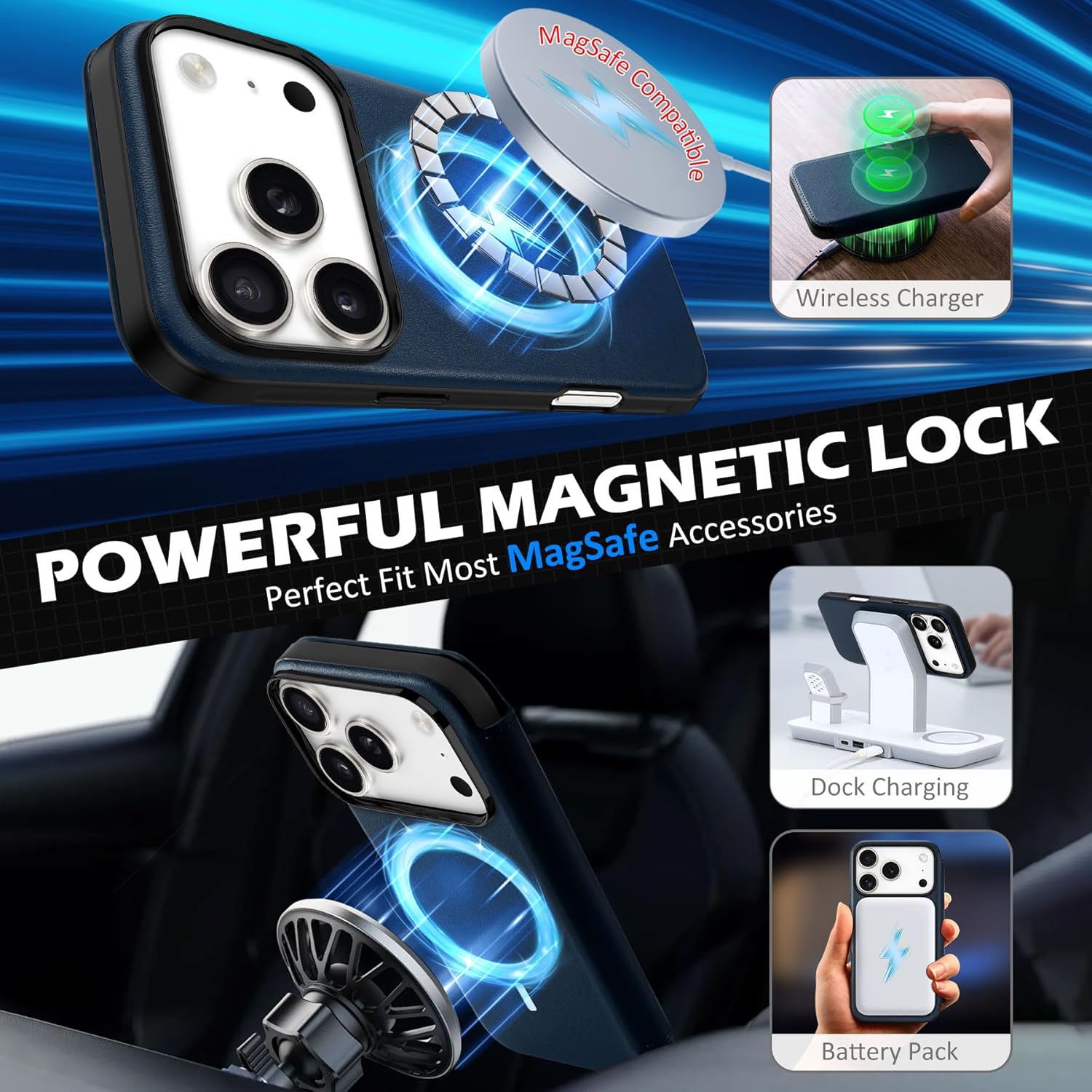 SHIELDON Slim Leather Case Wallet for iPhone 17 Pro | Wireless Charging, Flip Design, RFID Blocking Card Slot, Magnetic Closure, Shock Absorbing Cover - Dark Blue