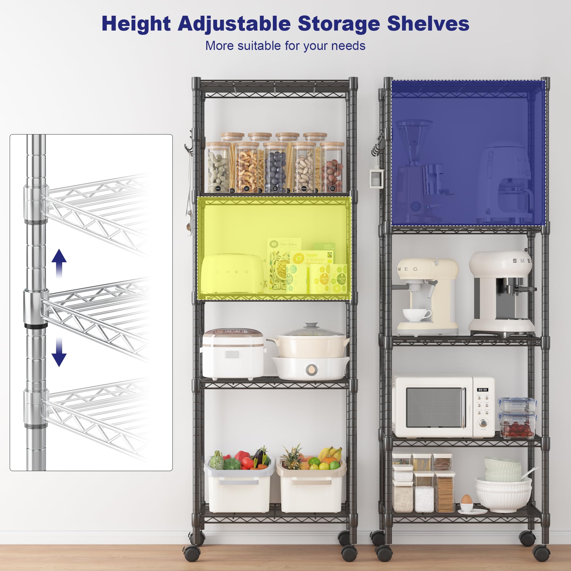 Himimi Scaffale con ruote, in metallo su ruote, regolabile in altezza, con 5 ripiani, per cucina, bagno, dispensa, 35 x 59 x 183 cm, colore nero