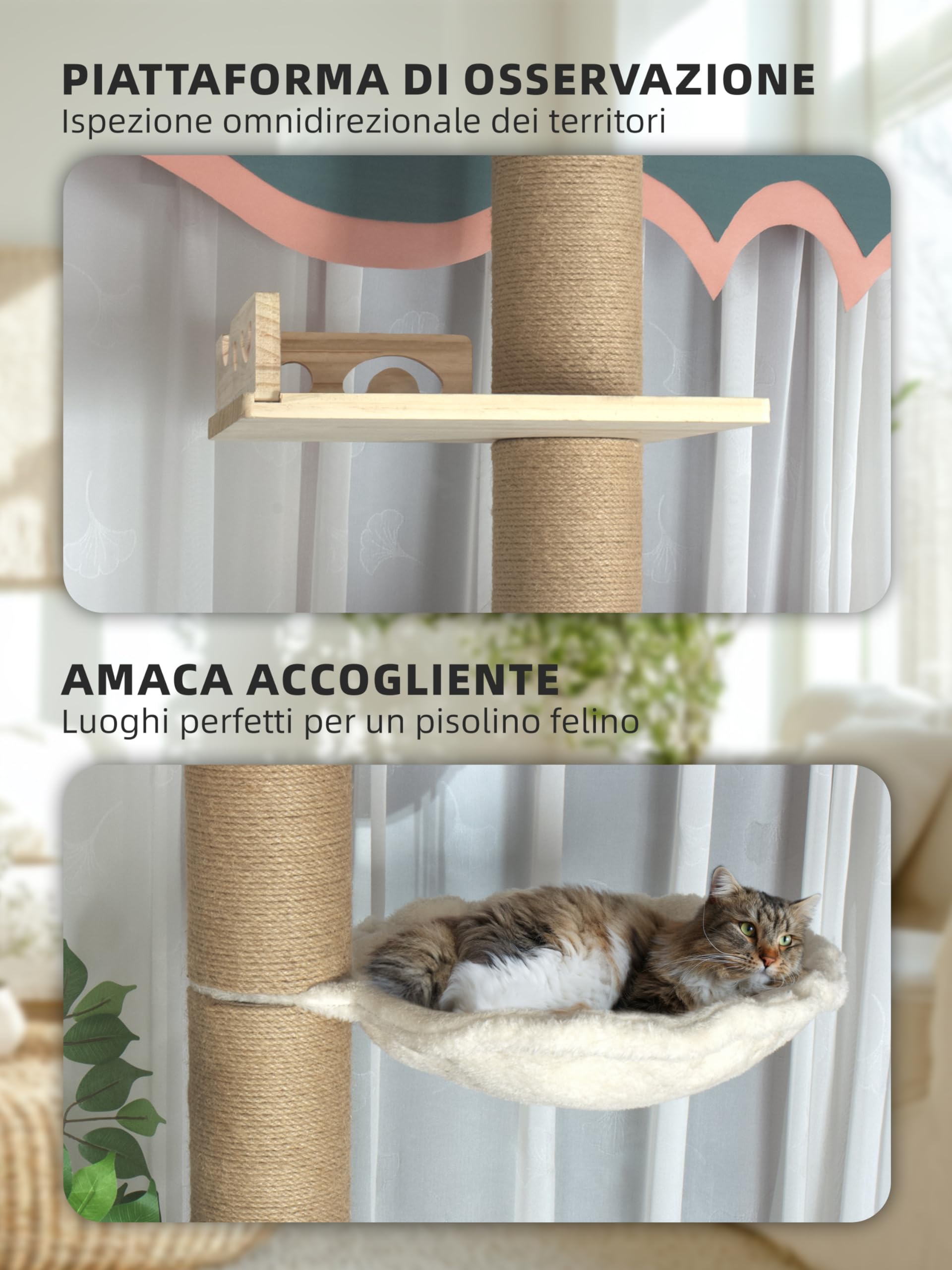 Fantasreen Albero Tiragraffi Regolabile, 246-316cm con Palo da 11cm | Montaggio a pressione dal pavimento al soffitto. Base stabile. Palo spesso 11 cm. Adatto a gatti adulti. Design moderno.