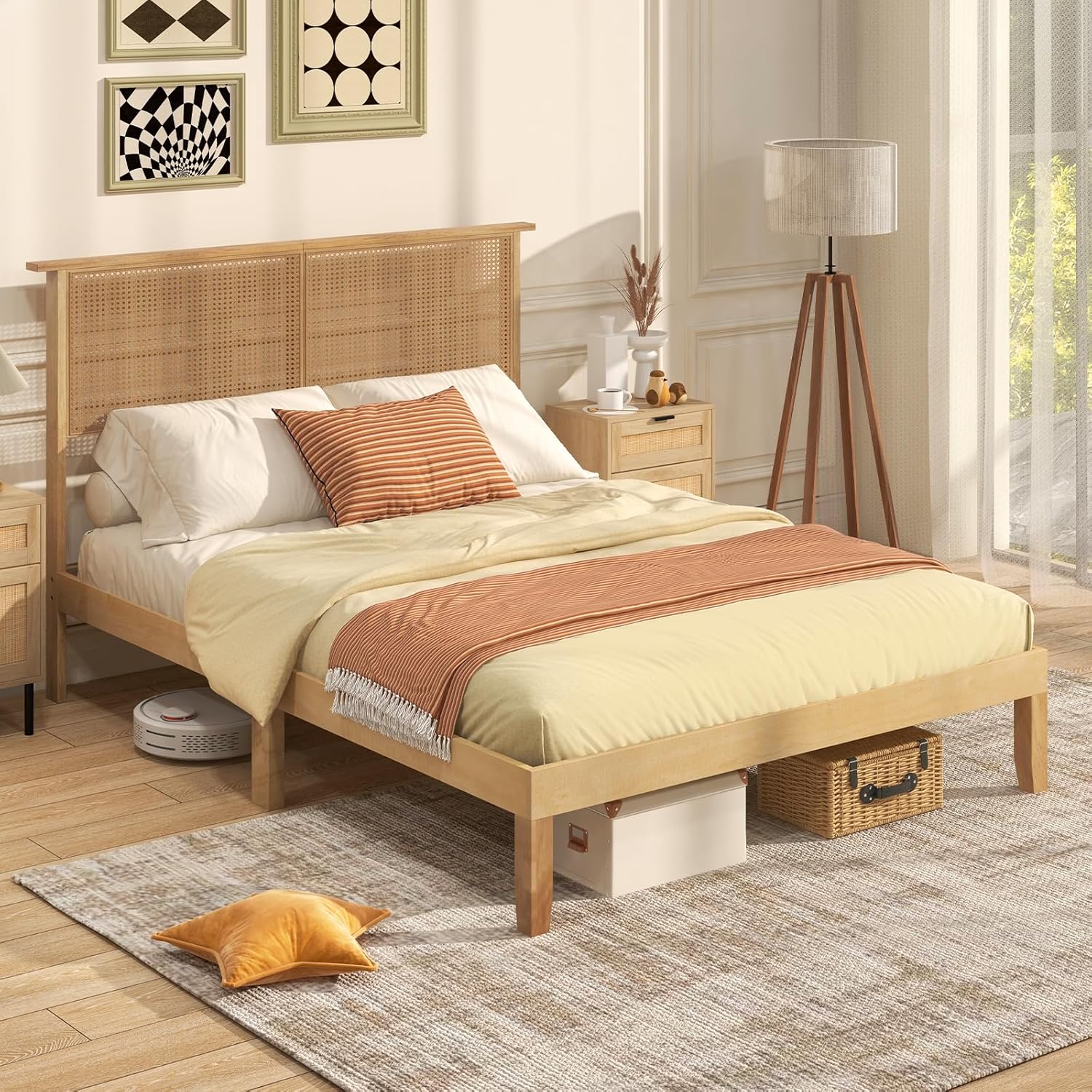 Giantex Queen Size Rattan Bed Frame with Rattan Headboard, Boho Solid Wood Platform Bed with Wooden Slats, 12 Inch Bed Frame Queen with Storage Underneath, No Box Spring Needed, Natural
