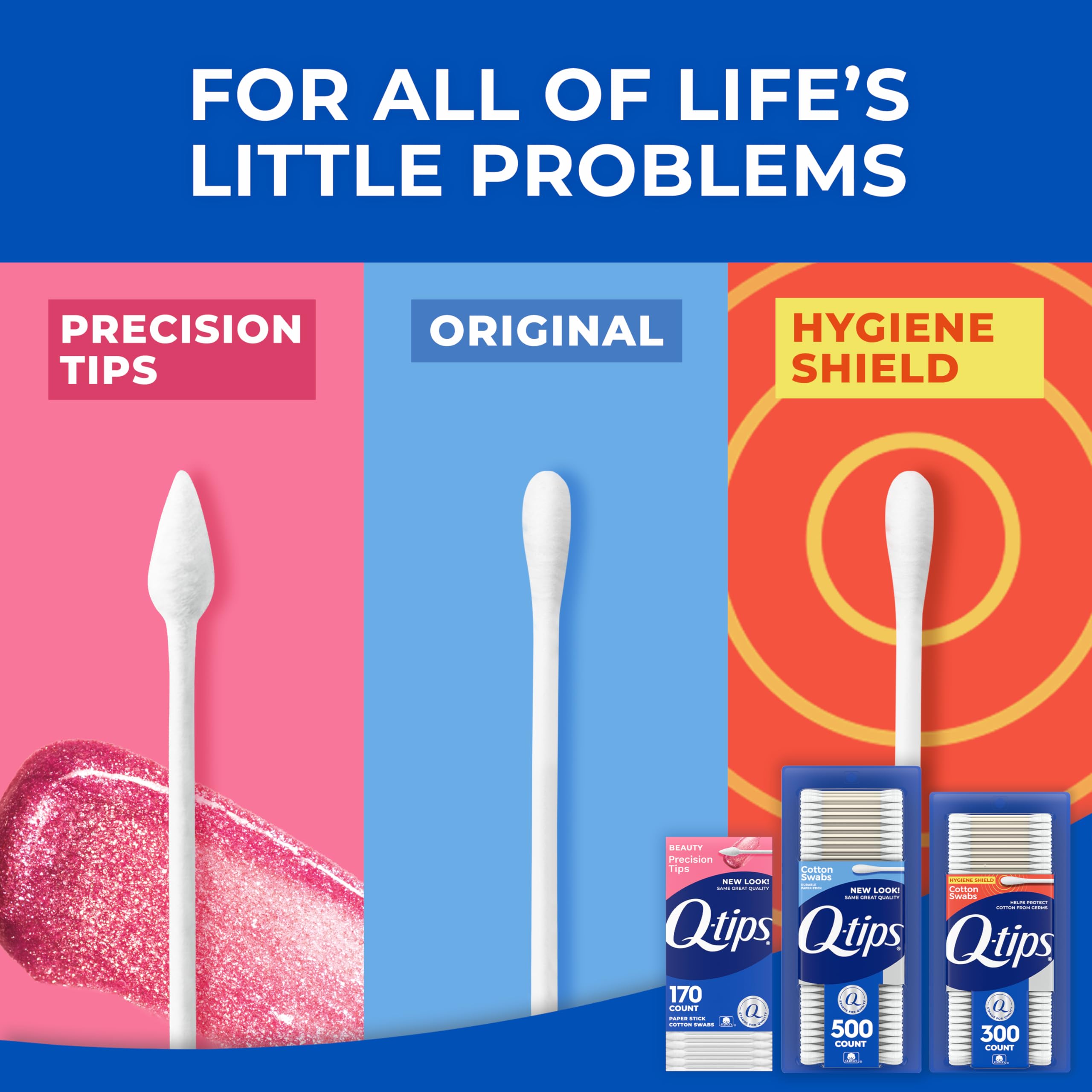 Q-tips Bastoncillos de algodón, paquete variado, original, escudo de higiene y consejos de precisión para el hogar, primeros auxilios y cuidado de belleza, hechos con 100% algodón, 1140 unidades