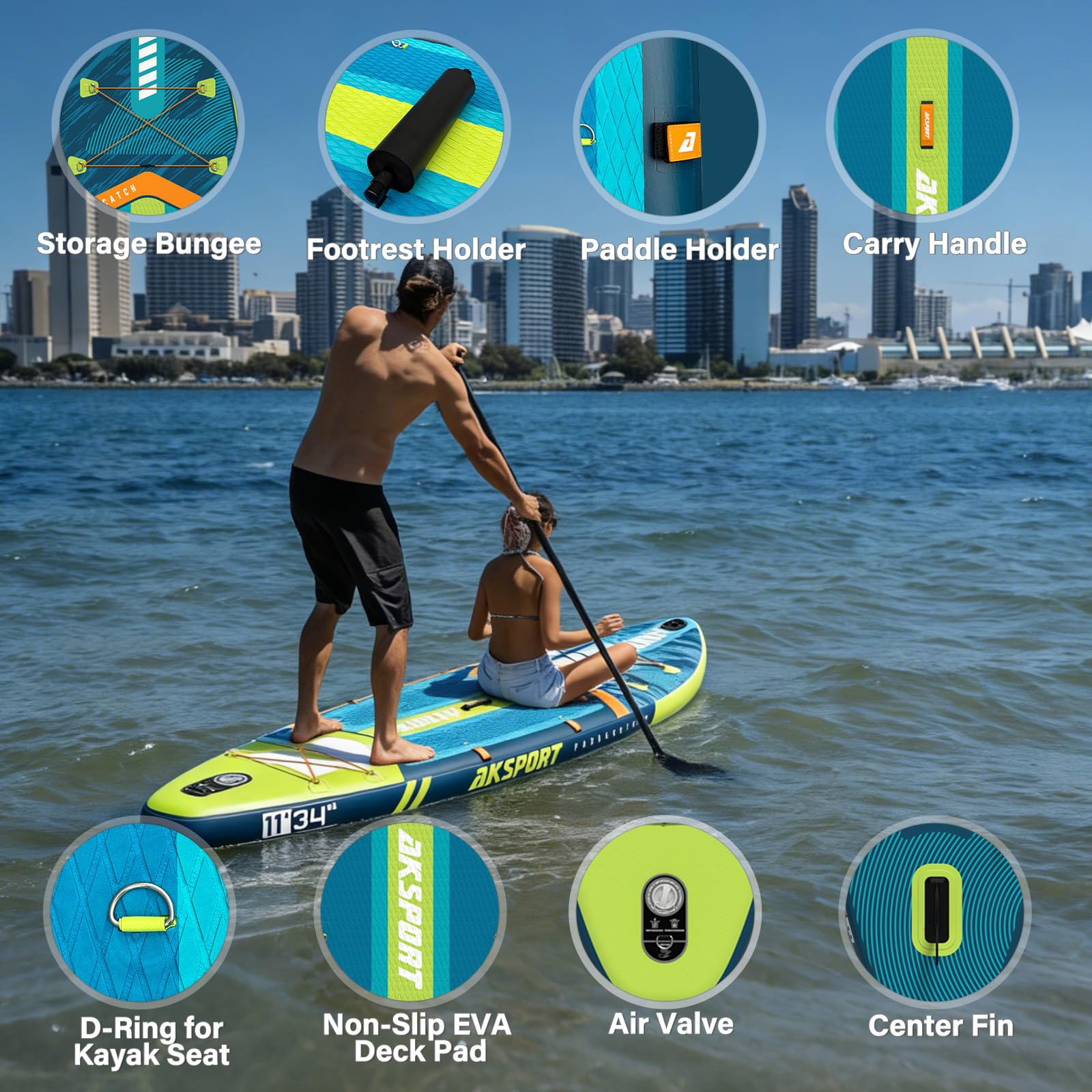 AKSPORT Tabla de Paddle Surf Hinchable 11' con Kit de Accesorios Premium | Diseño Extra Ancho 34" | Superficie Antideslizante | Ideal para Adultos y Jóvenes de Todos los Niveles