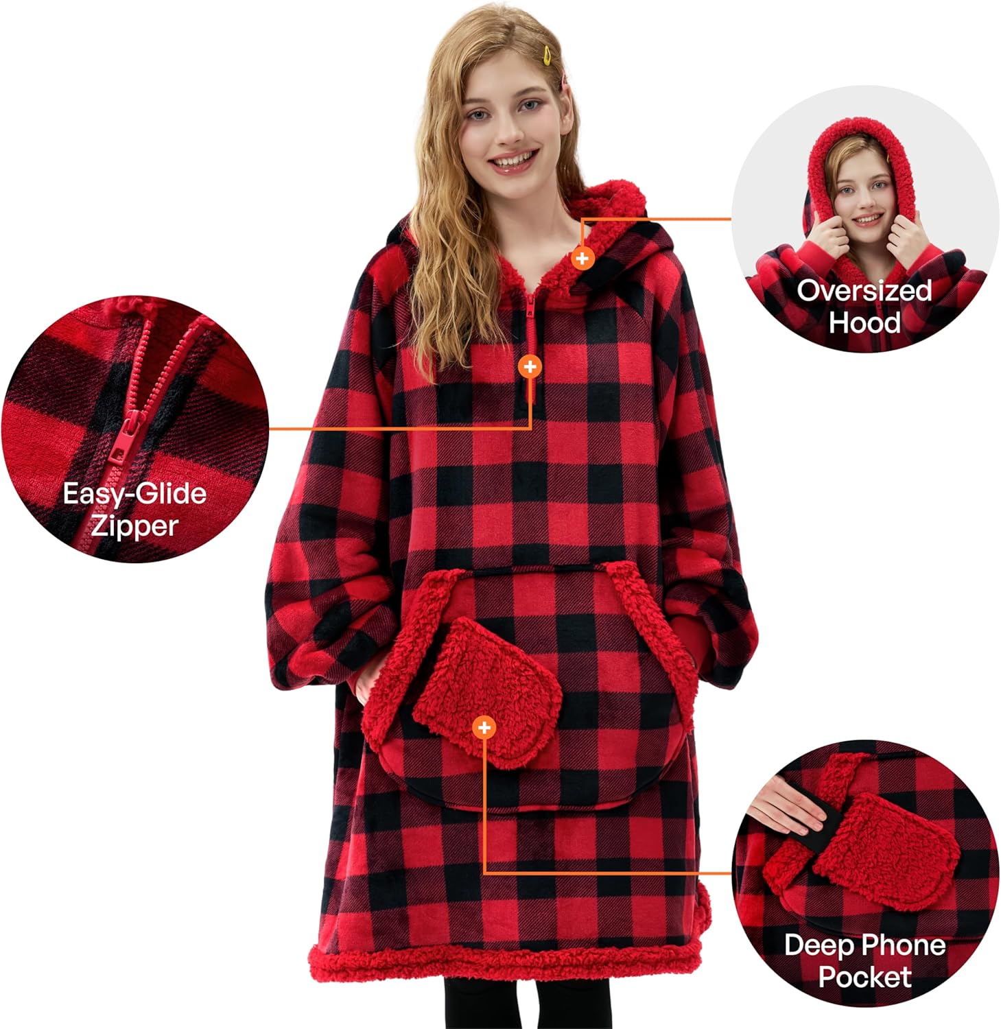 Giggling Getup Wearable Blanket Hoodie for Adults Gifts for Teen Girls Sister Women Sherpa Fleece Printed Hooded Blanket Sweatshirt Warm Cozy with Pocket & Sleeves Red and Black Plaid - Image 3