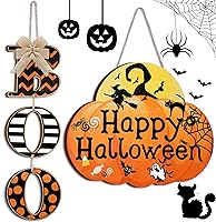 Vista 1 de Marsui Letrero de madera con diseño de calabaza y calabaza para Halloween, decoración de Halloween, letrero colgante de pared, puerta Boo, letrero